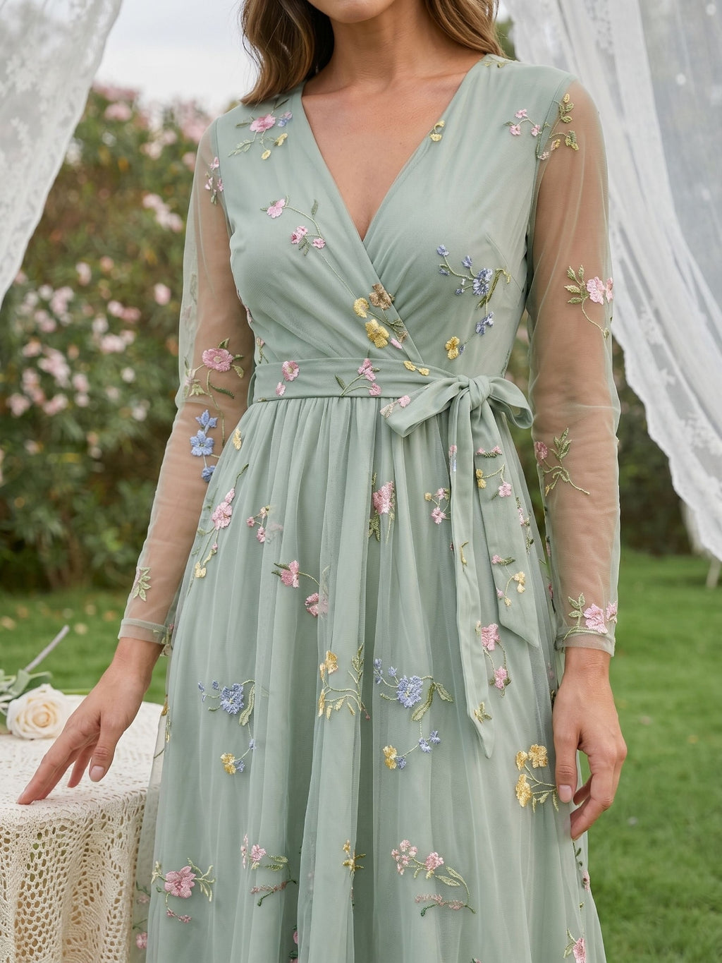 Dusty Sage Tulle A-Line V-Neck Tea-Length Birthday Dress