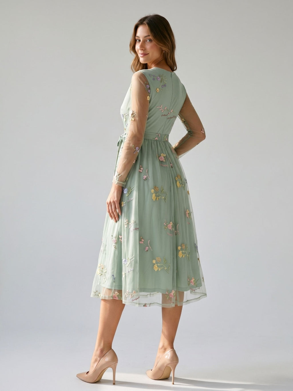 Dusty Sage Tulle A-Line V-Neck Tea-Length Birthday Dress
