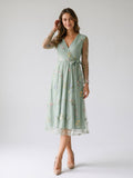 Dusty Sage Tulle A-Line V-Neck Tea-Length Birthday Dress