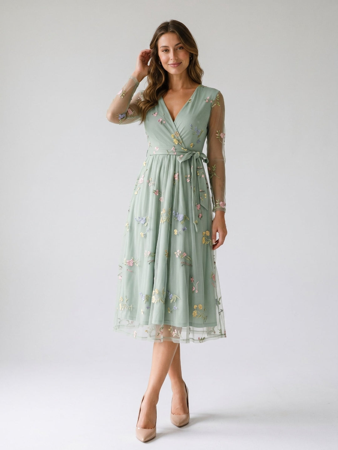 Dusty Sage Tulle A-Line V-Neck Tea-Length Birthday Dress