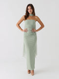 Dusty Sage Tulle Sheath Straight Neck Backless Floor-Length Formal Dress with Pleating