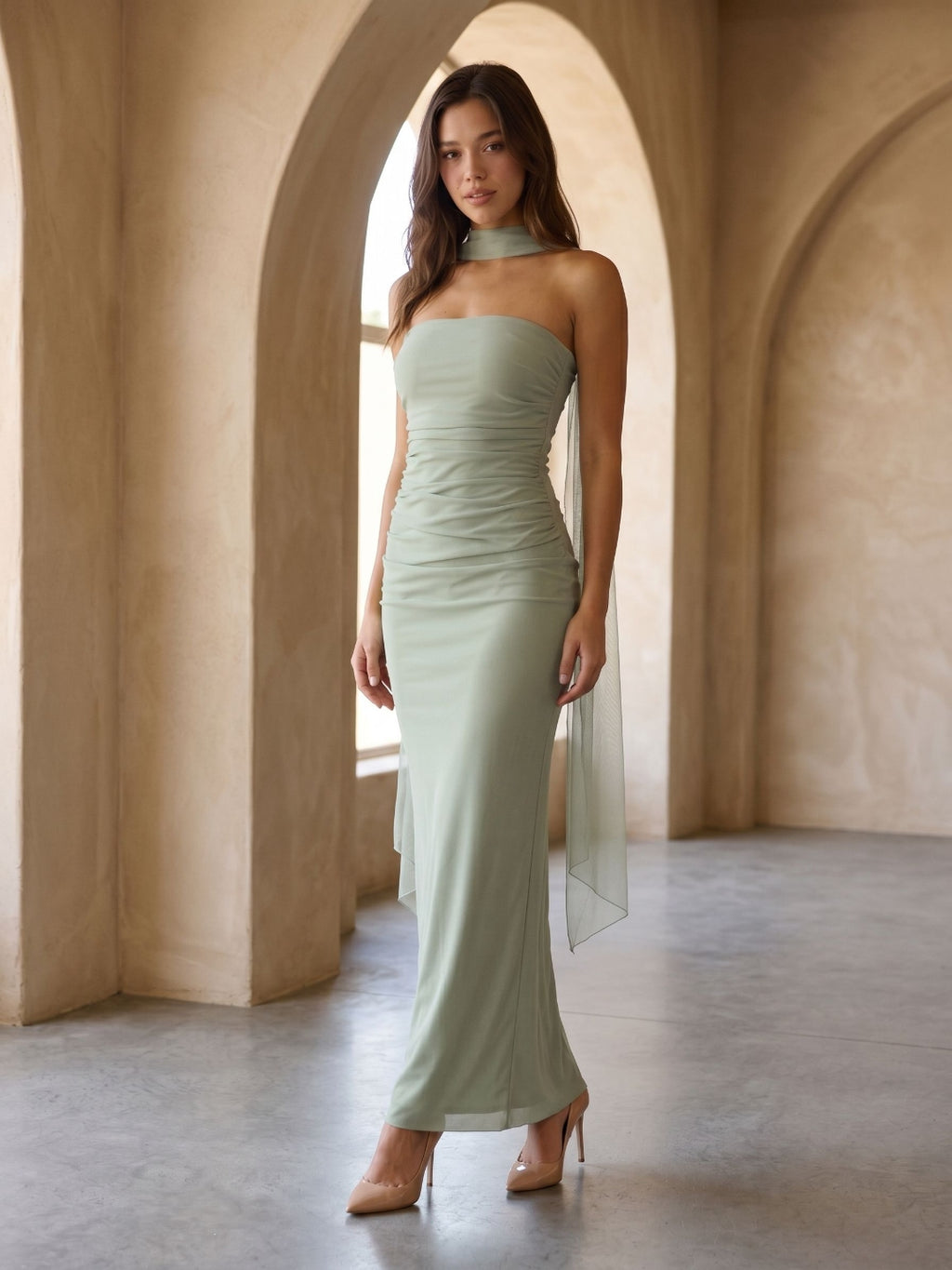 Dusty Sage Tulle Sheath Straight Neck Backless Floor-Length Formal Dress with Pleating