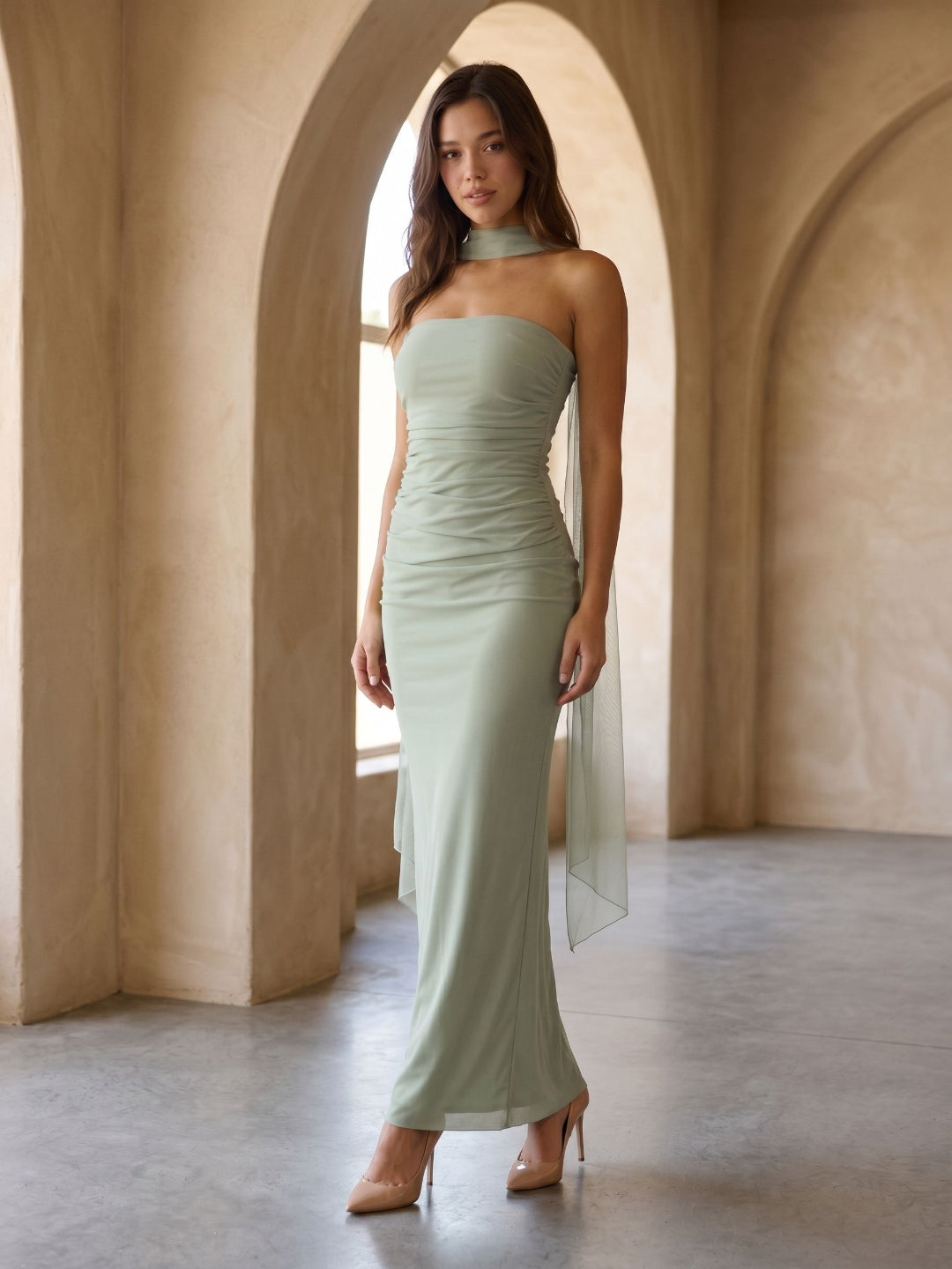 Dusty Sage Tulle Sheath Straight Neck Backless Floor-Length Formal Dress with Pleating