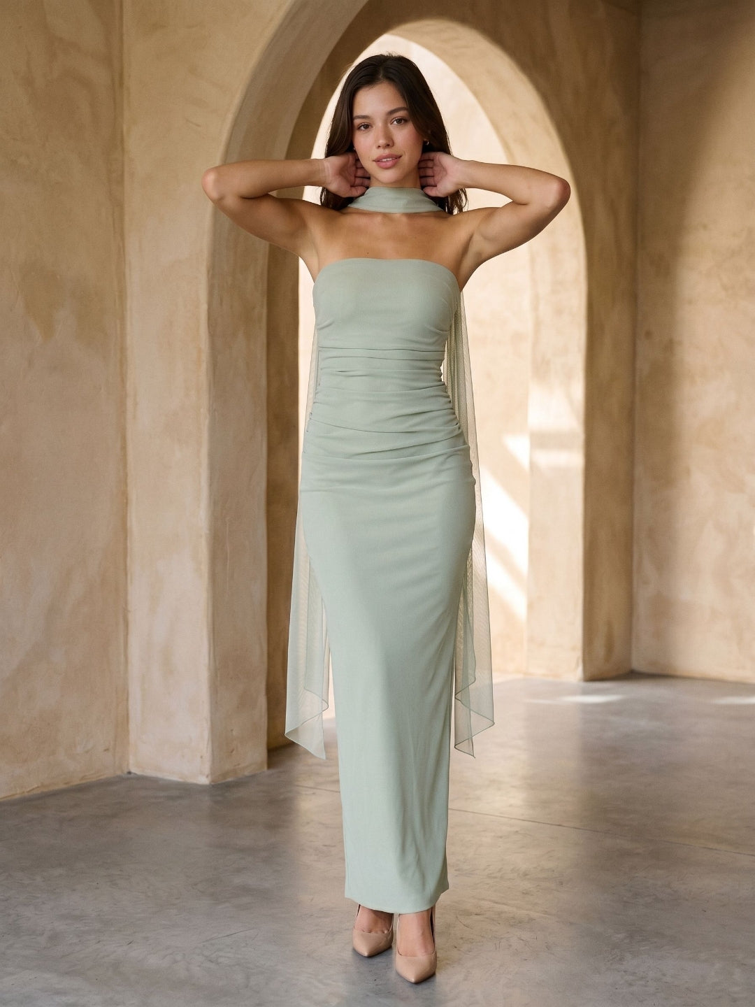 Dusty Sage Tulle Sheath Straight Neck Backless Floor-Length Formal Dress with Pleating