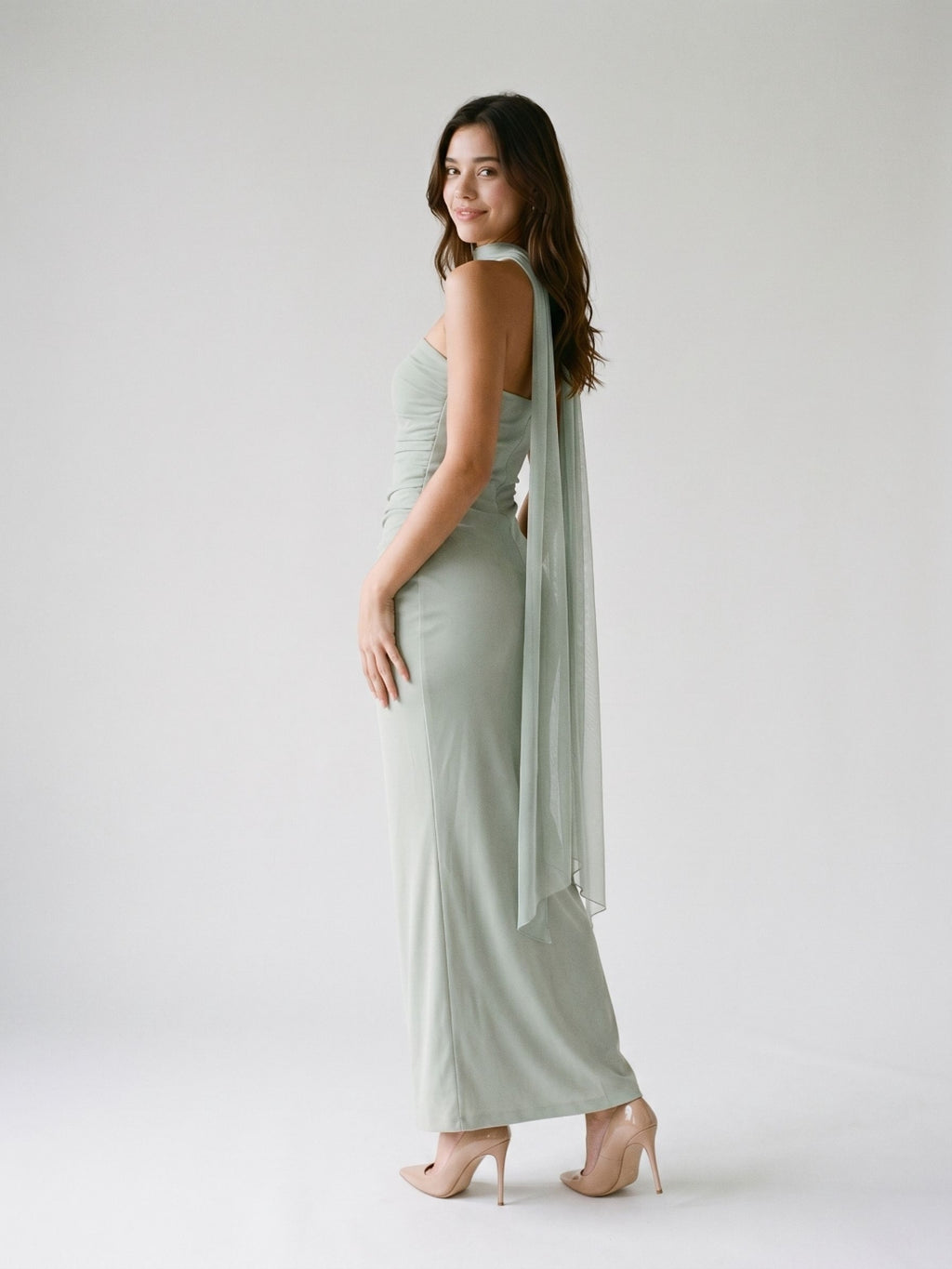 Dusty Sage Tulle Sheath Straight Neck Backless Floor-Length Formal Dress with Pleating