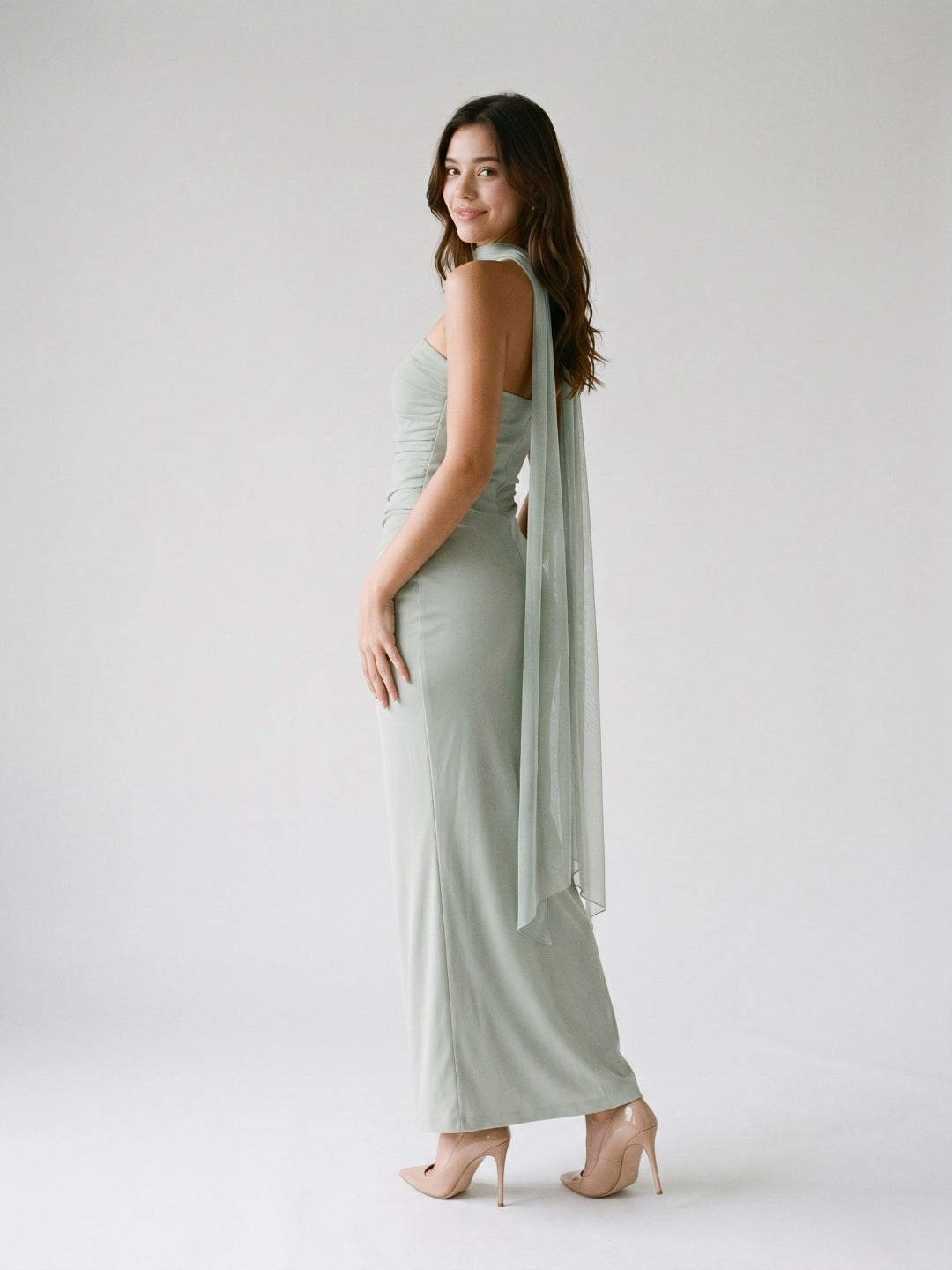 Dusty Sage Tulle Sheath Straight Neck Backless Floor-Length Formal Dress with Pleating