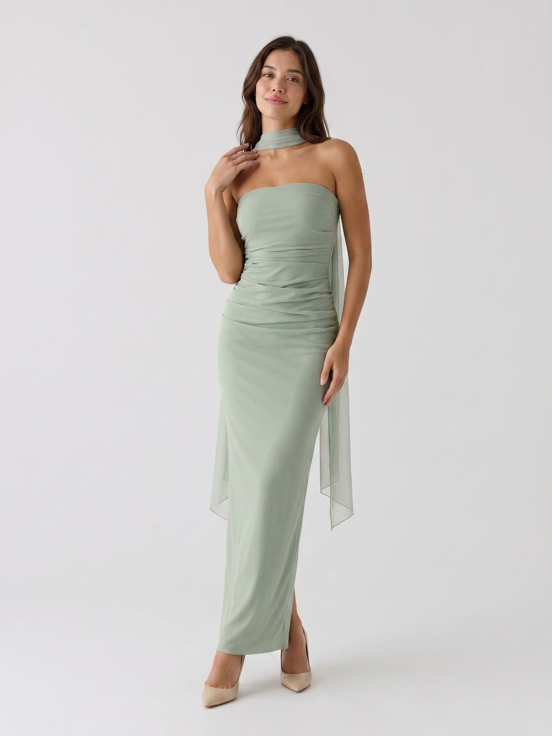 Dusty Sage Tulle Sheath Straight Neck Backless Floor-Length Formal Dress with Pleating