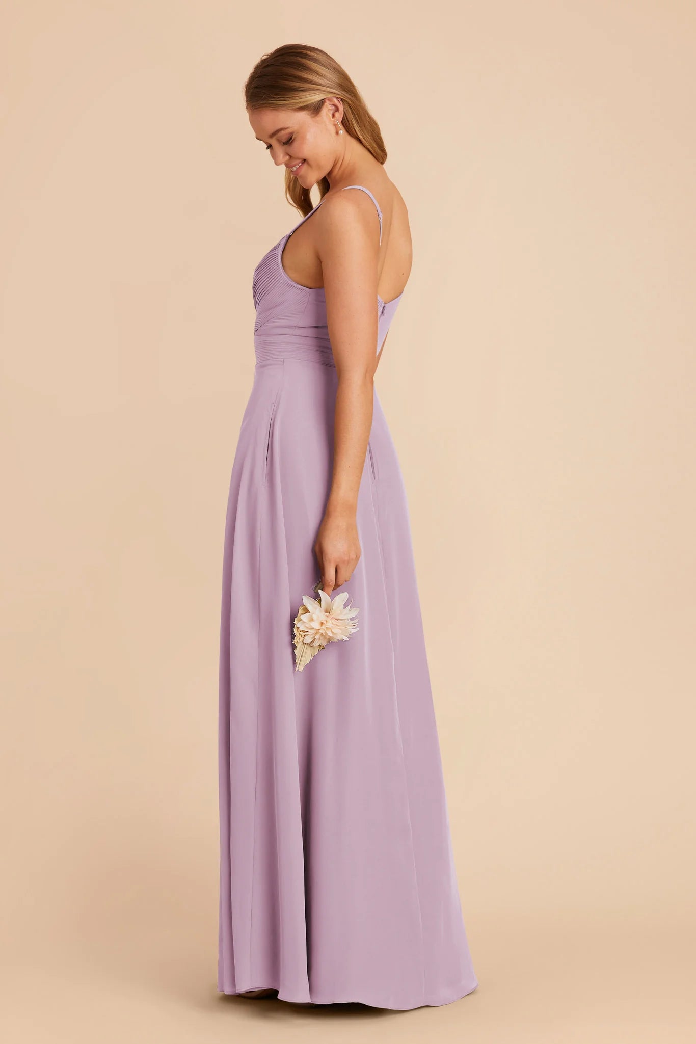 Dusty Lavender Chiffon Pleated Bridesmaid Dress Adjustable Spaghetti Strap High Slit A-Line Maxi Wedding Gown