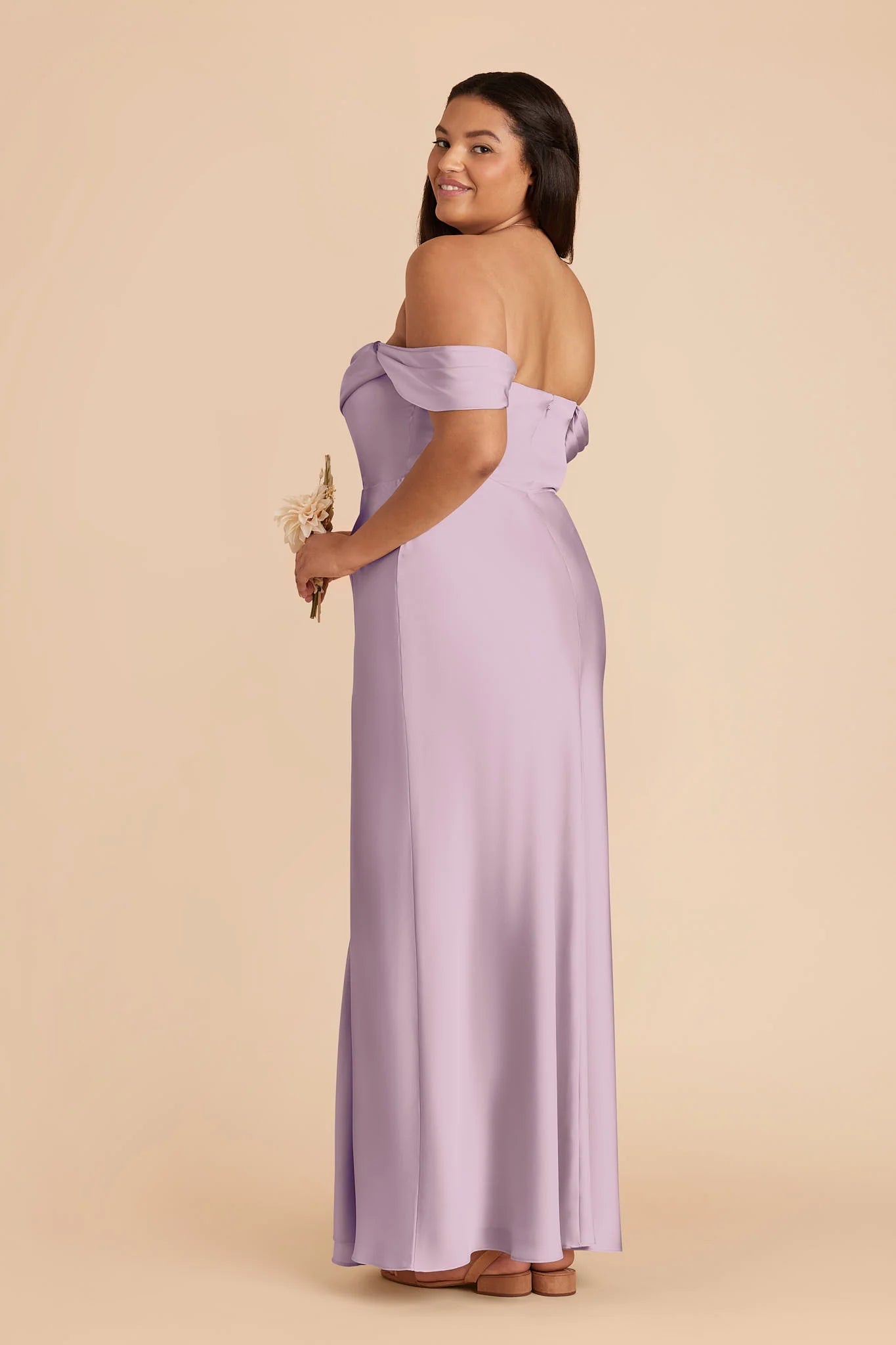 Dusty Lavender Satin Convertible Bridesmaid Dress Off-Shoulder & Spaghetti Strap High Slit Maxi Wedding Gown