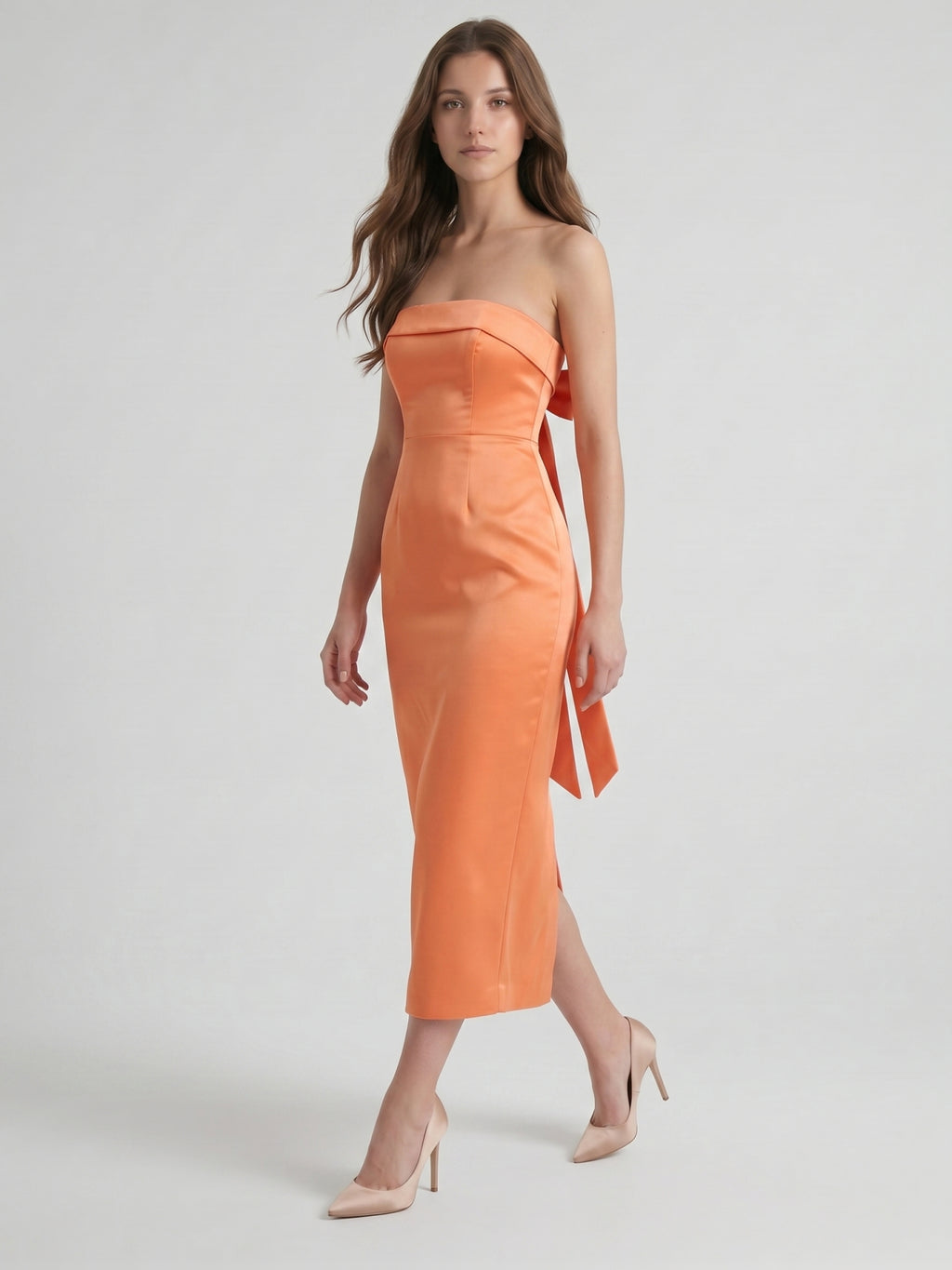Effortless Orange Satin Sheath Straight Neck Backless Tea-Length Bridesmaid Dress with Bow