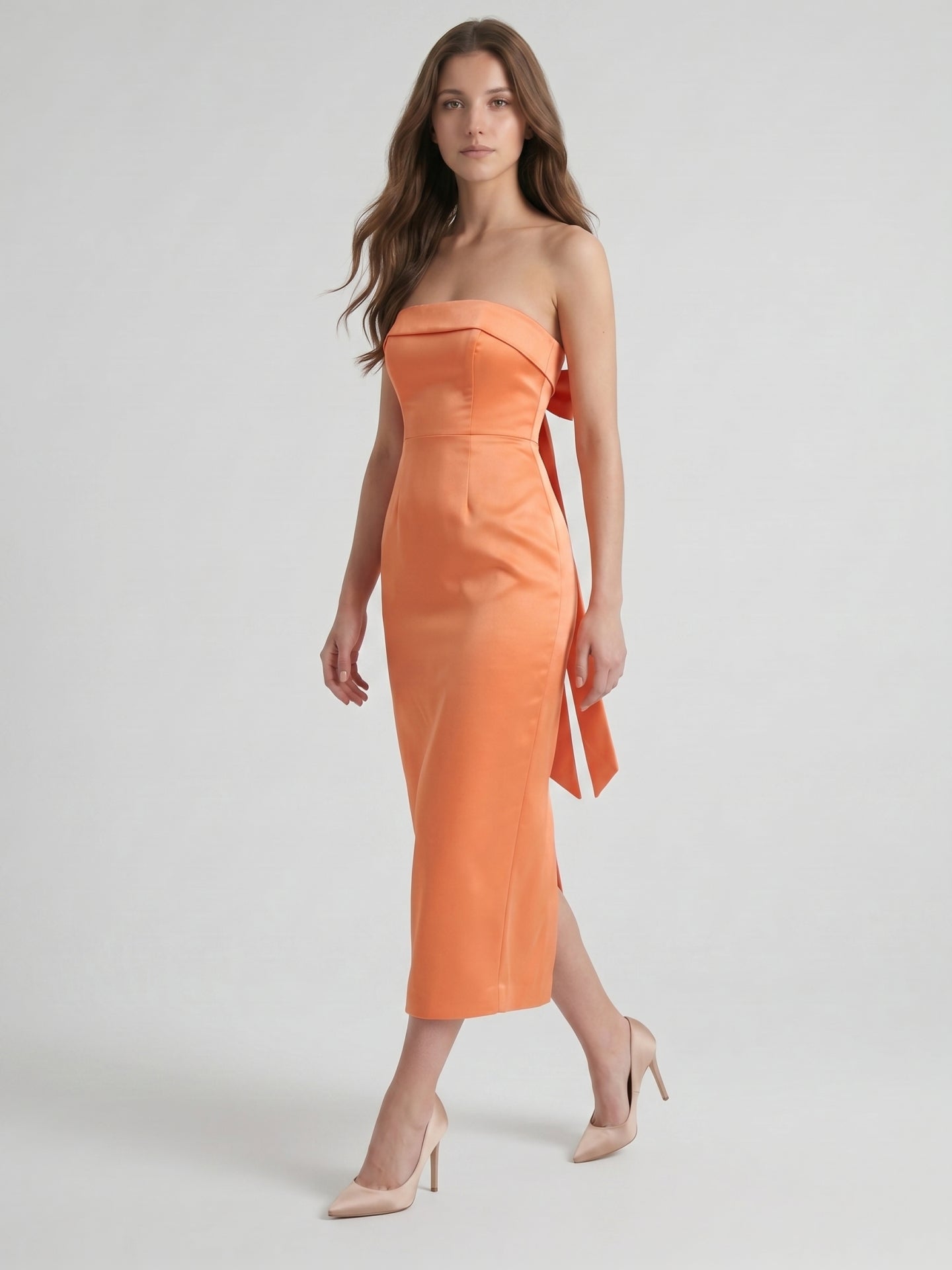 Effortless Orange Satin Sheath Straight Neck Backless Tea-Length Bridesmaid Dress with Bow