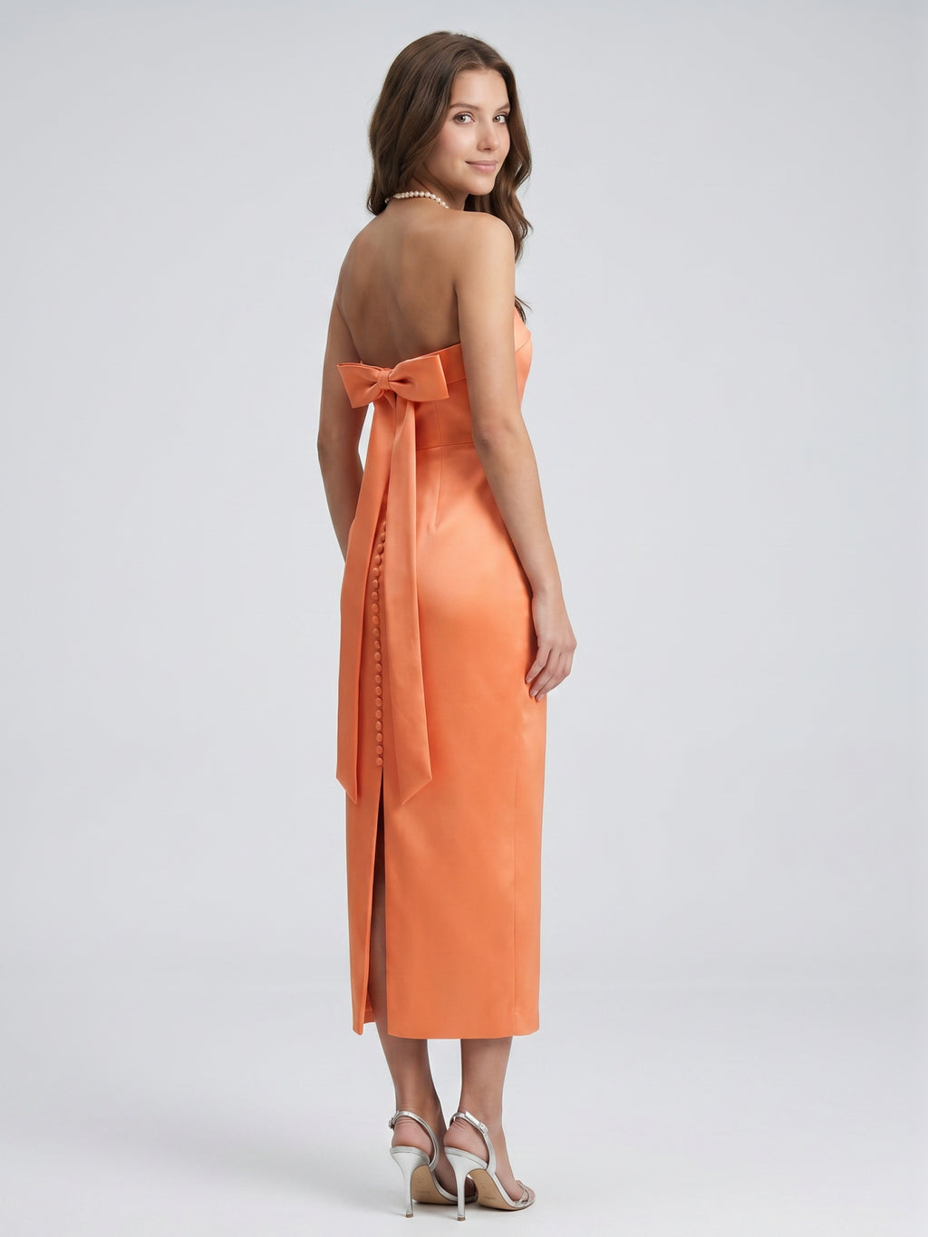 Effortless Orange Satin Sheath Straight Neck Backless Tea-Length Bridesmaid Dress with Bow