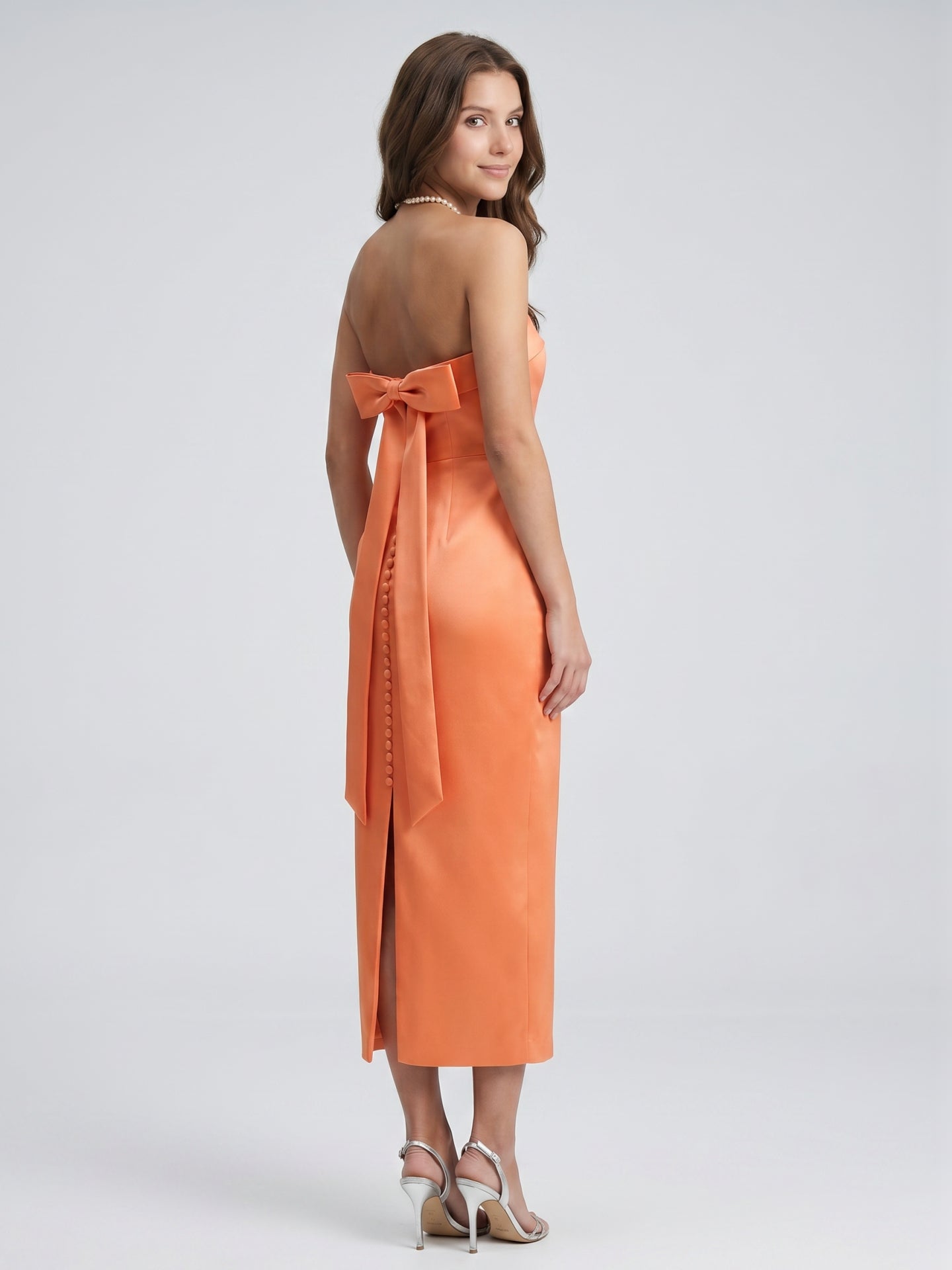 Effortless Orange Satin Sheath Straight Neck Backless Tea-Length Bridesmaid Dress with Bow