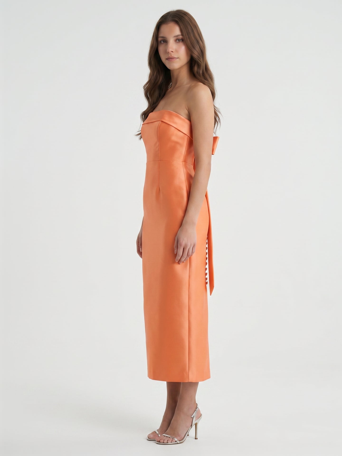 Effortless Orange Satin Sheath Straight Neck Backless Tea-Length Bridesmaid Dress with Bow