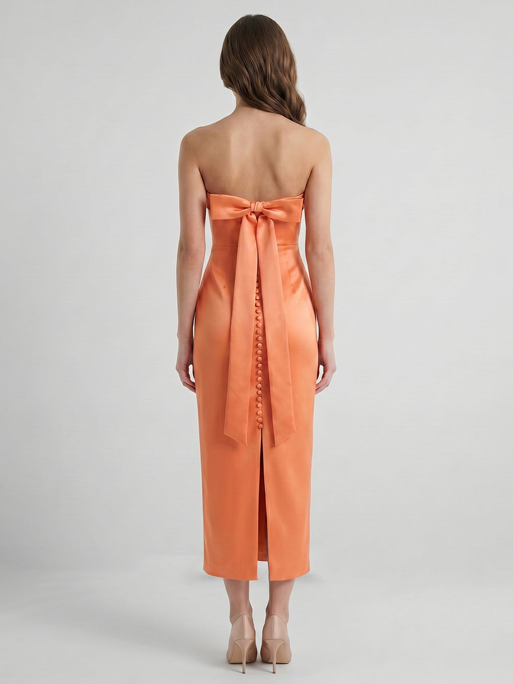 Effortless Orange Satin Sheath Straight Neck Backless Tea-Length Bridesmaid Dress with Bow