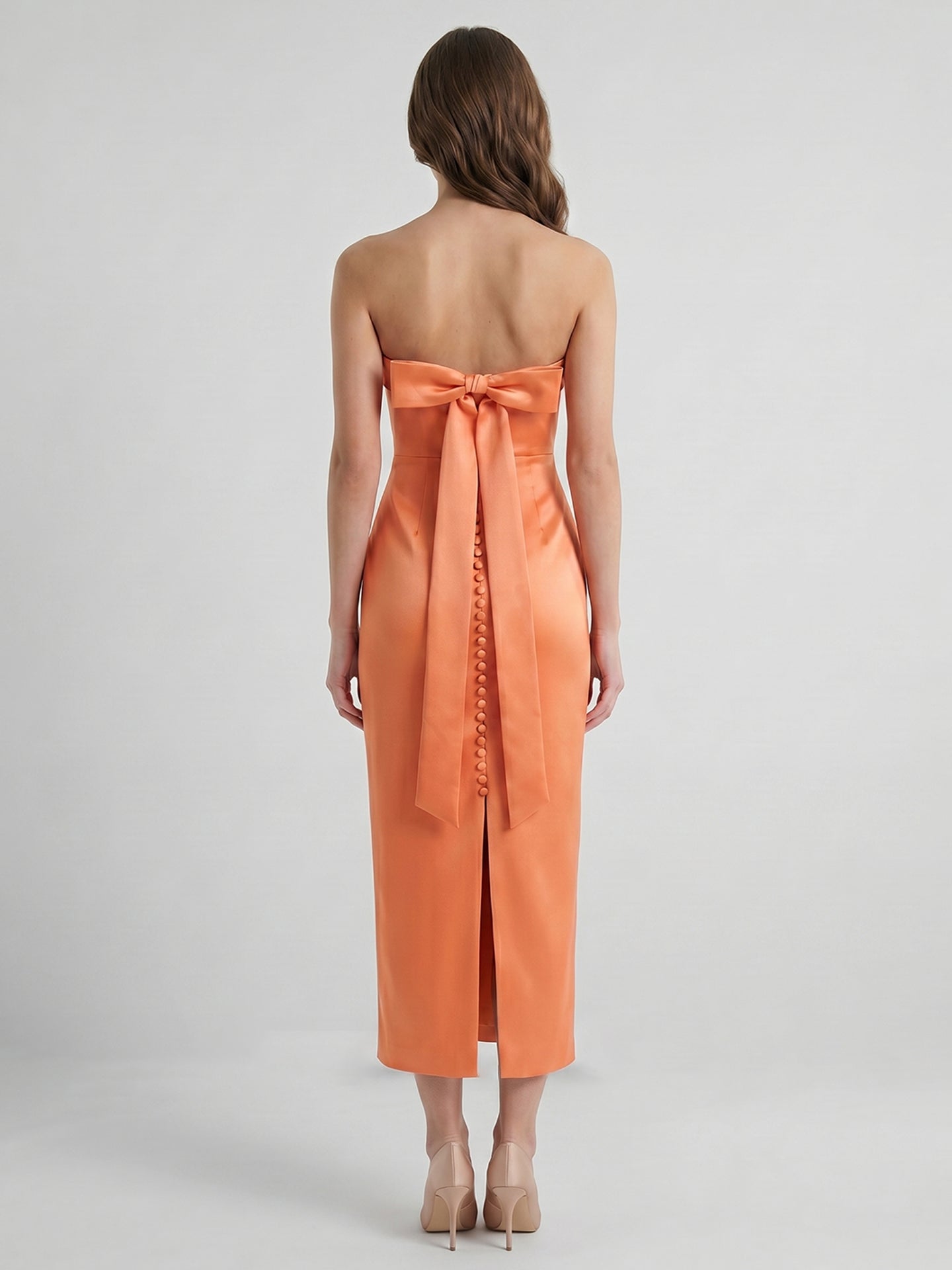 Effortless Orange Satin Sheath Straight Neck Backless Tea-Length Bridesmaid Dress with Bow