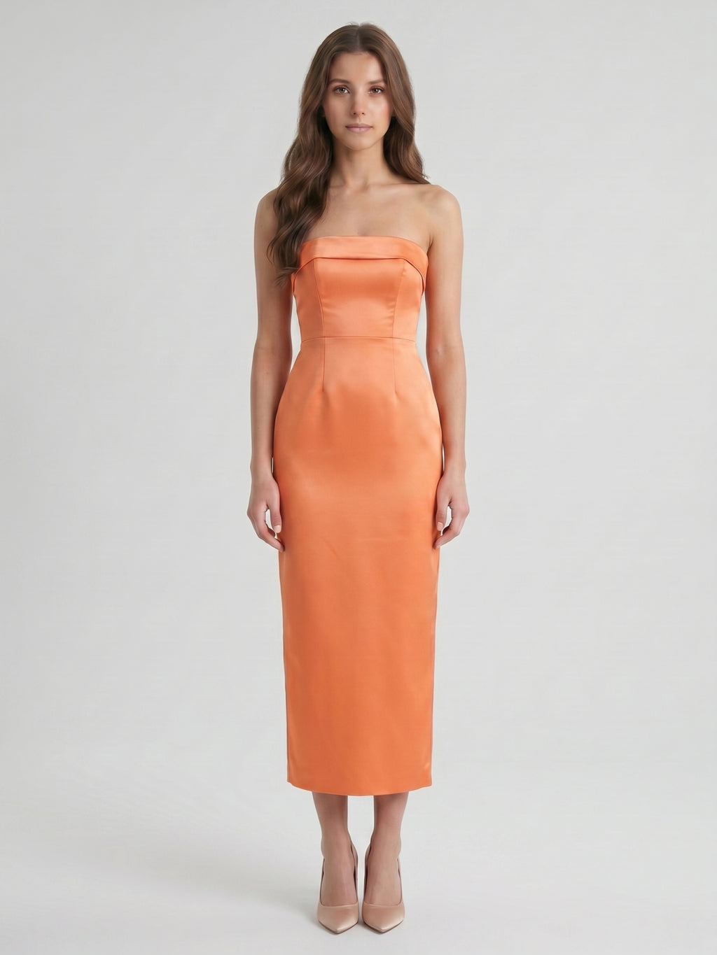 Effortless Orange Satin Sheath Straight Neck Backless Tea-Length Bridesmaid Dress with Bow