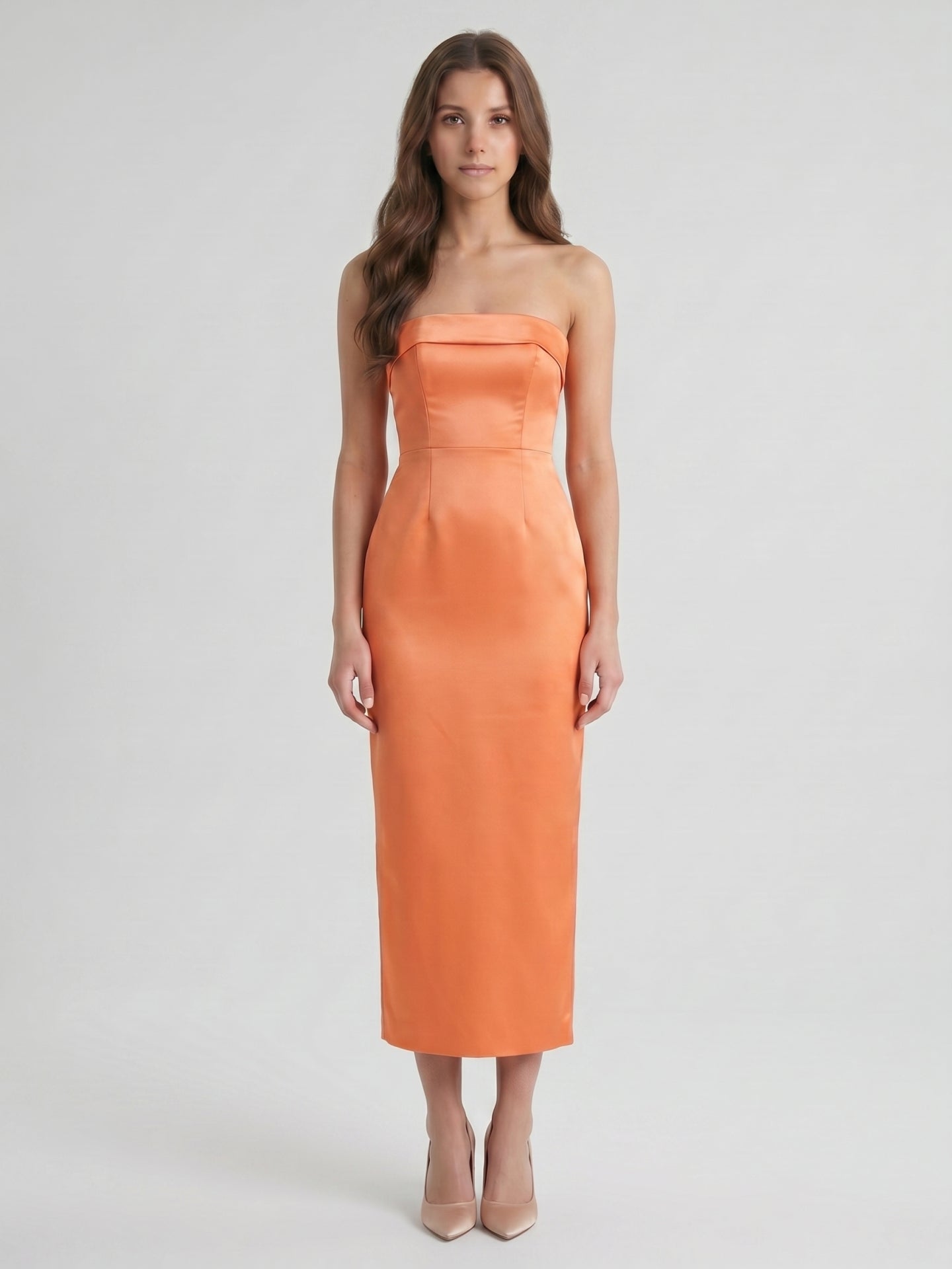 Effortless Orange Satin Sheath Straight Neck Backless Tea-Length Bridesmaid Dress with Bow