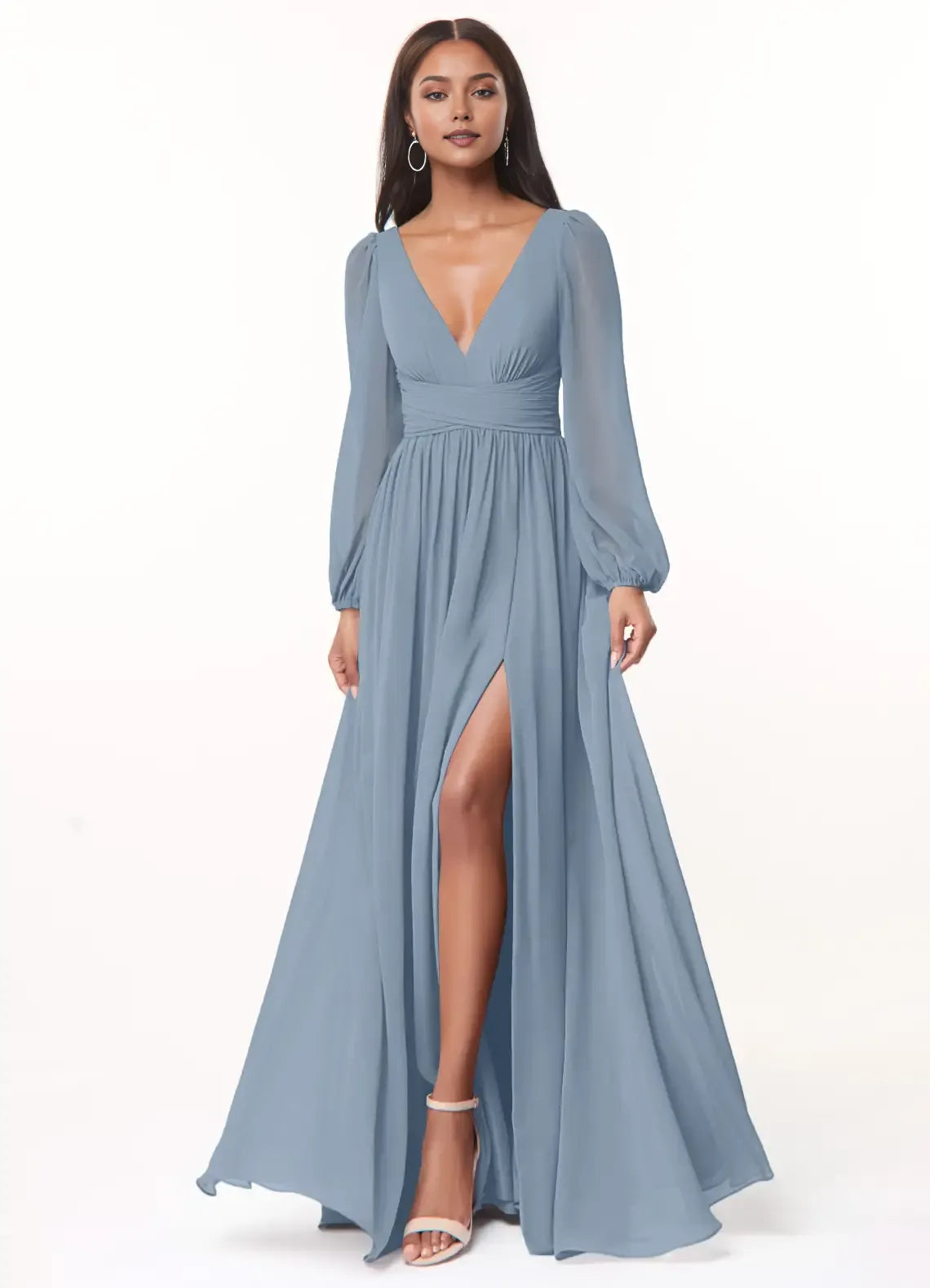 Elegant A-Line Chiffon Deep V Puff Sleeve Tie Back Floor Length Bridesmaid Dress
