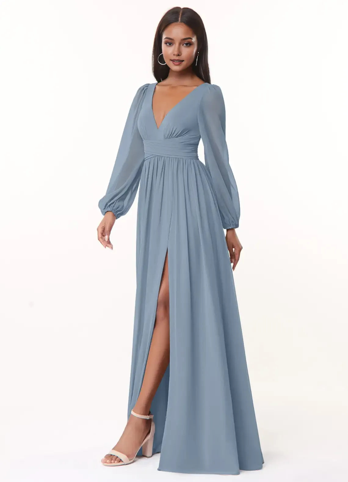 Elegant A-Line Chiffon Deep V Puff Sleeve Tie Back Floor Length Bridesmaid Dress