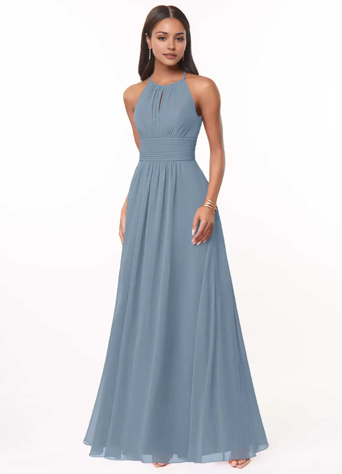 Elegant A-Line Chiffon Halter Neck Sleeveless Keyhole Back Floor Length Bridesmaid Dress