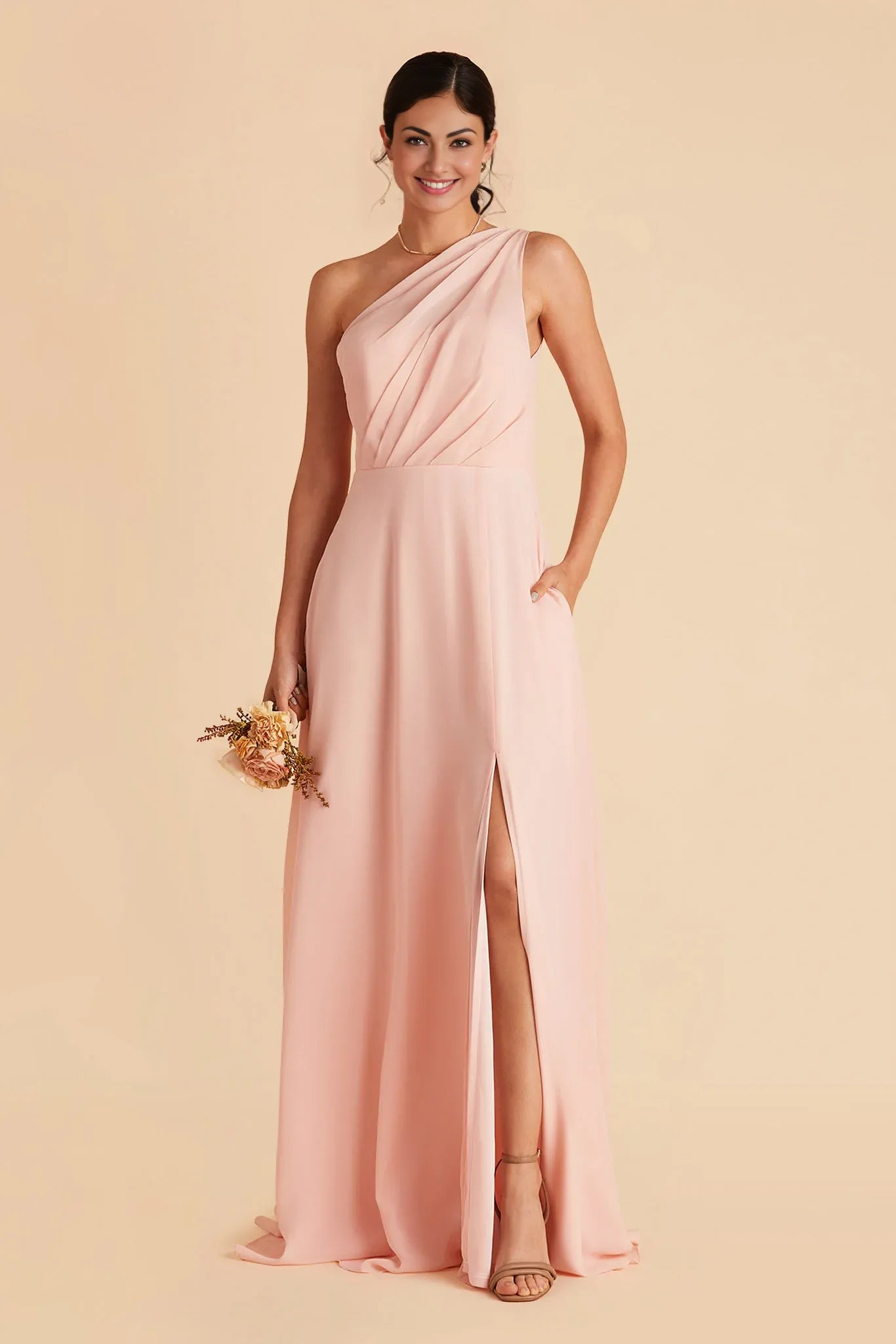 Elegant A-Line Chiffon One Shoulder Sleeveless Open Back Floor Length Bridesmaid Dress