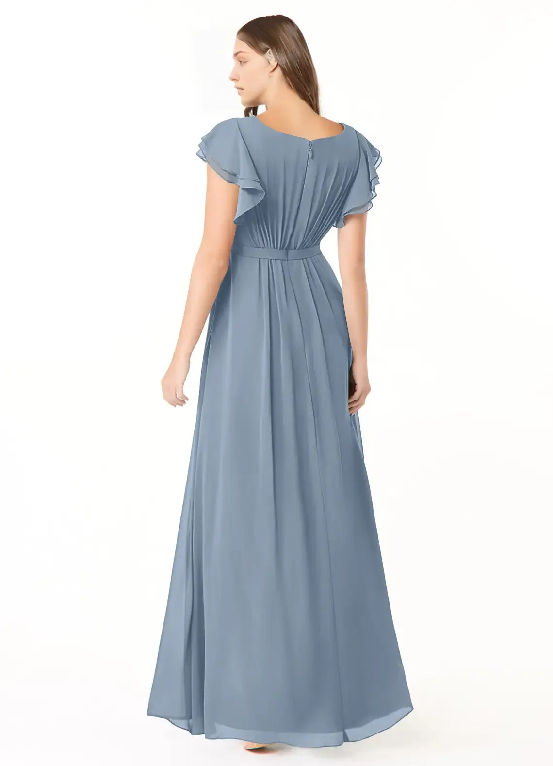Elegant A-Line Chiffon Round Neck Ruffle Sleeve Zipper Back Floor Length Bridesmaid Dress