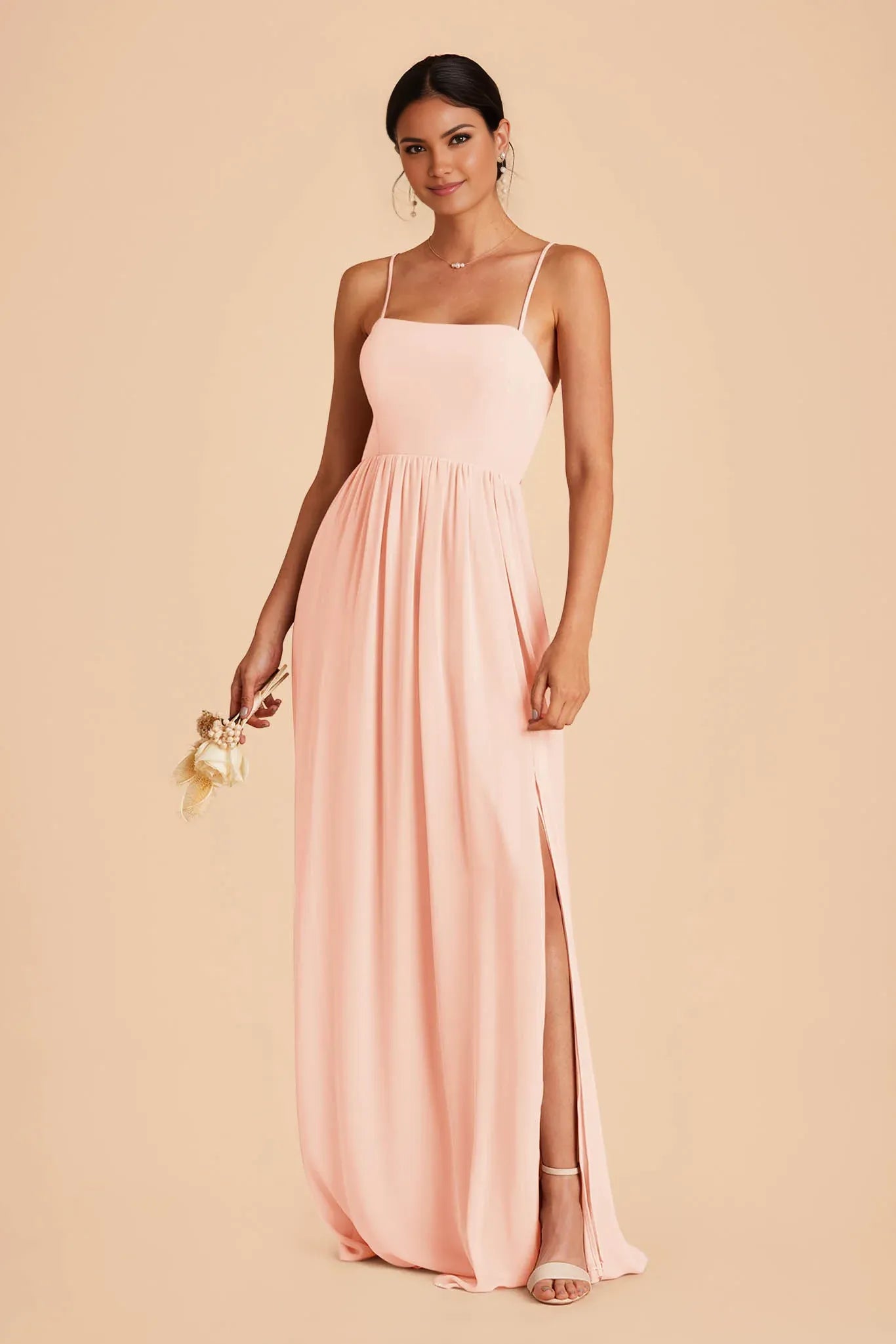 Elegant A-Line Chiffon Square Neck Spaghetti Strap Zipper Back Floor Length Bridesmaid Dress