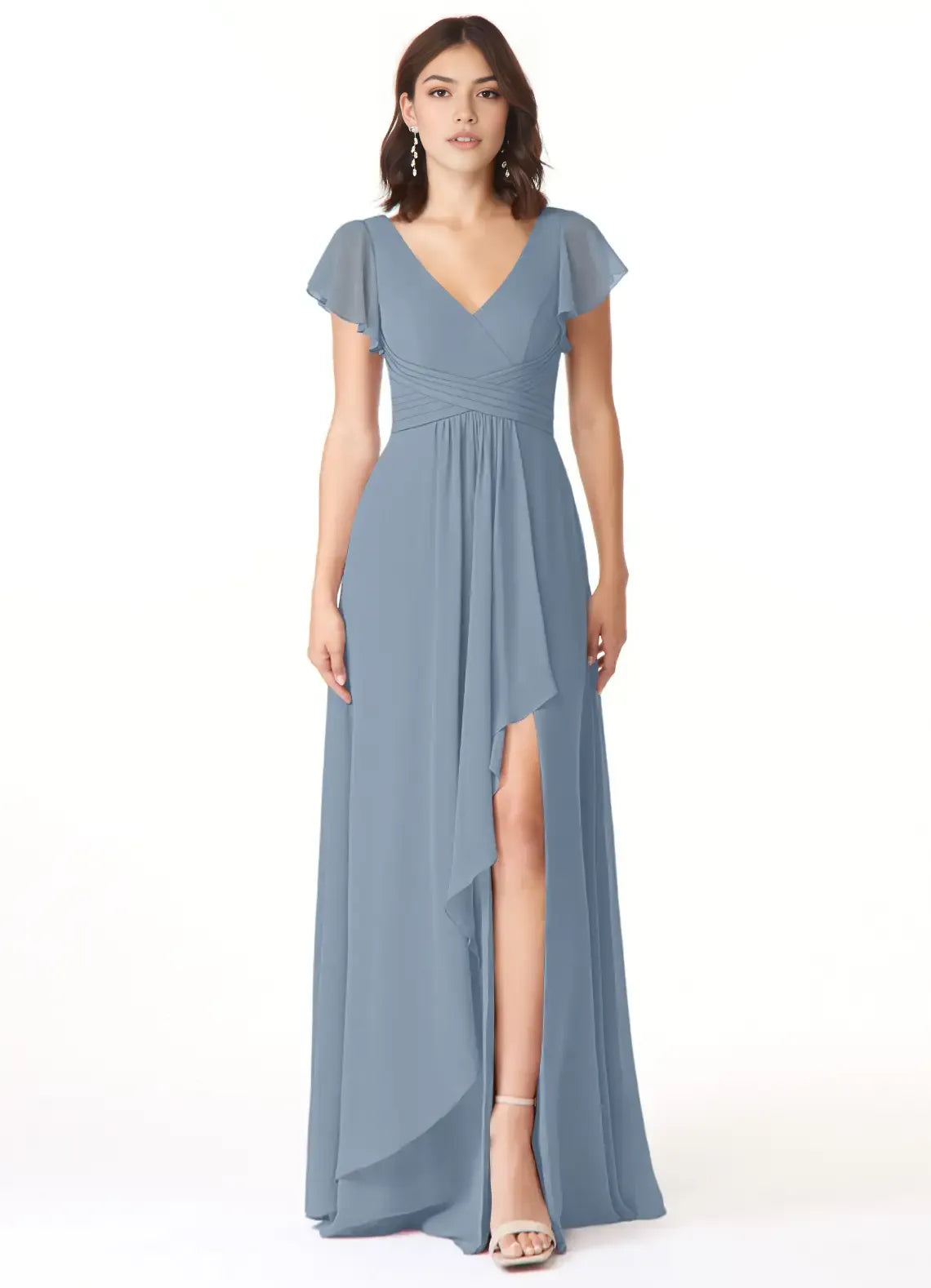 Elegant A-Line Chiffon V Neck Flutter Sleeve V Back Floor Length Bridesmaid Dress