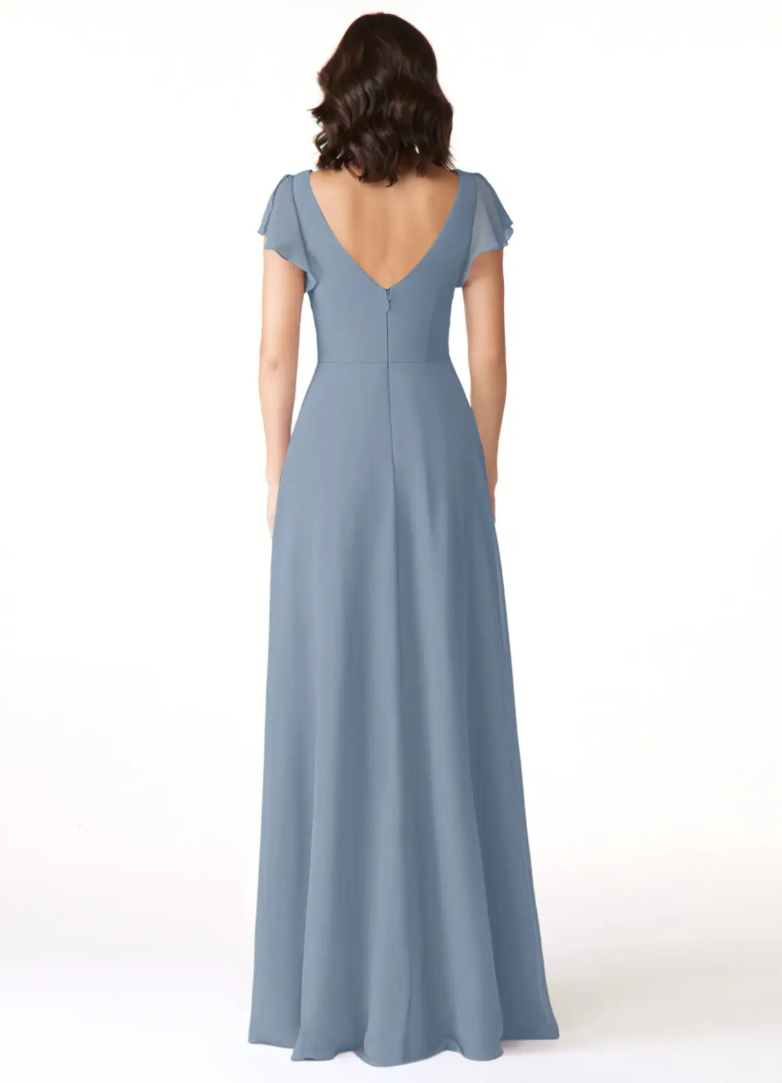 Elegant A-Line Chiffon V Neck Flutter Sleeve V Back Floor Length Bridesmaid Dress