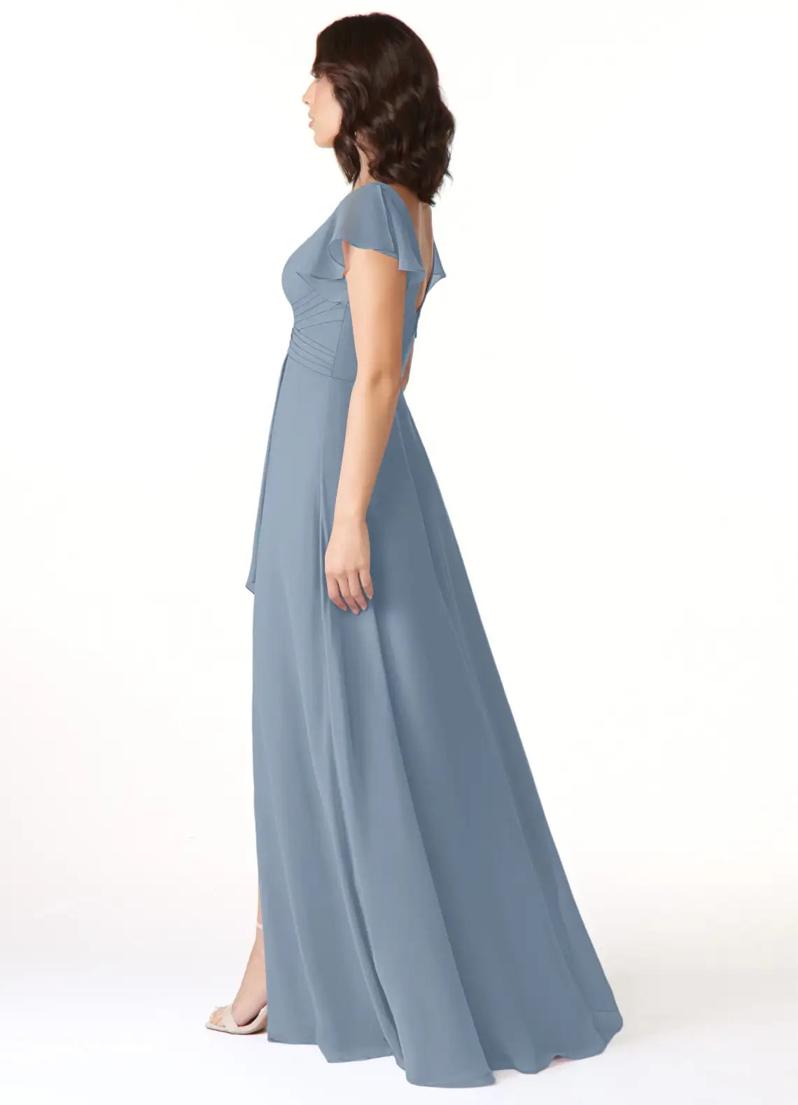 Elegant A-Line Chiffon V Neck Flutter Sleeve V Back Floor Length Bridesmaid Dress