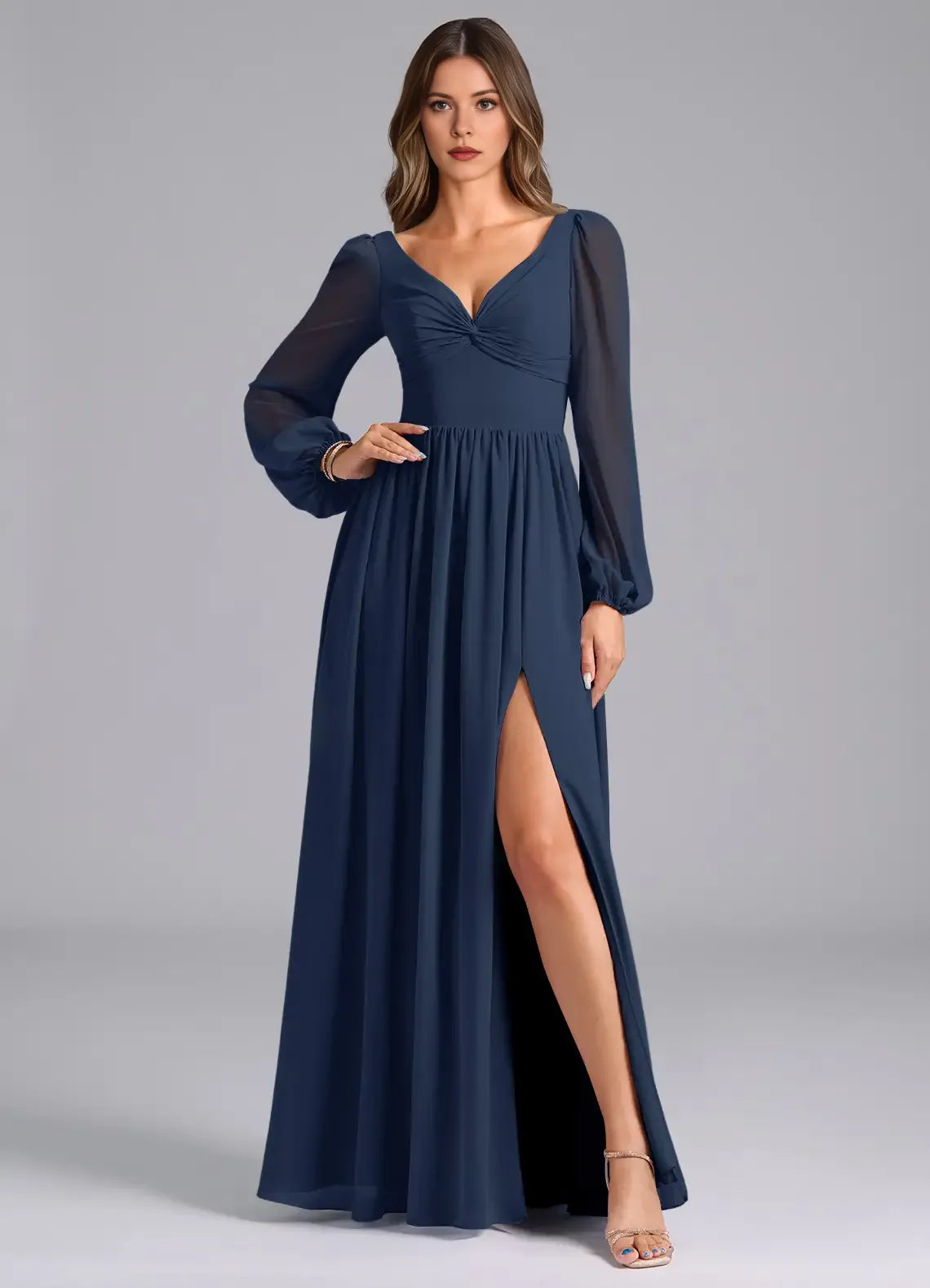 Elegant A-Line Chiffon V Neck Puff Sleeve Bow Back Floor Length Bridesmaid Dress