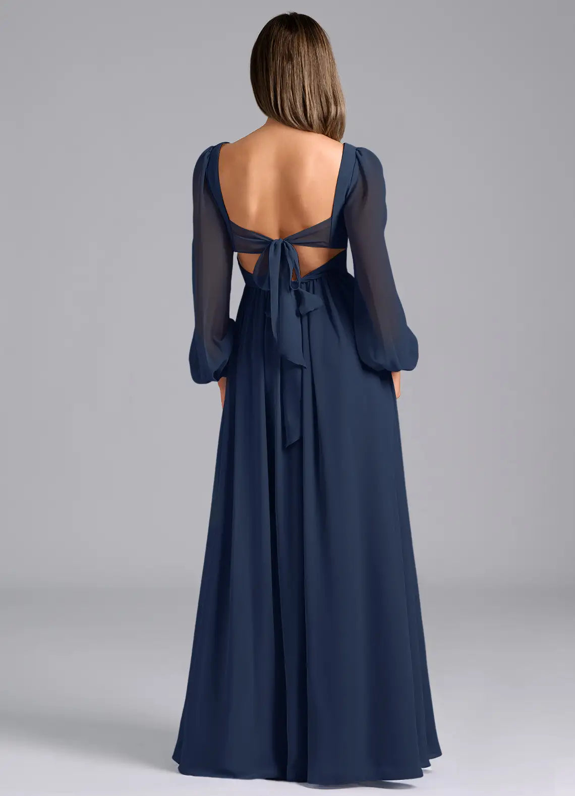 Elegant A-Line Chiffon V Neck Puff Sleeve Bow Back Floor Length Bridesmaid Dress