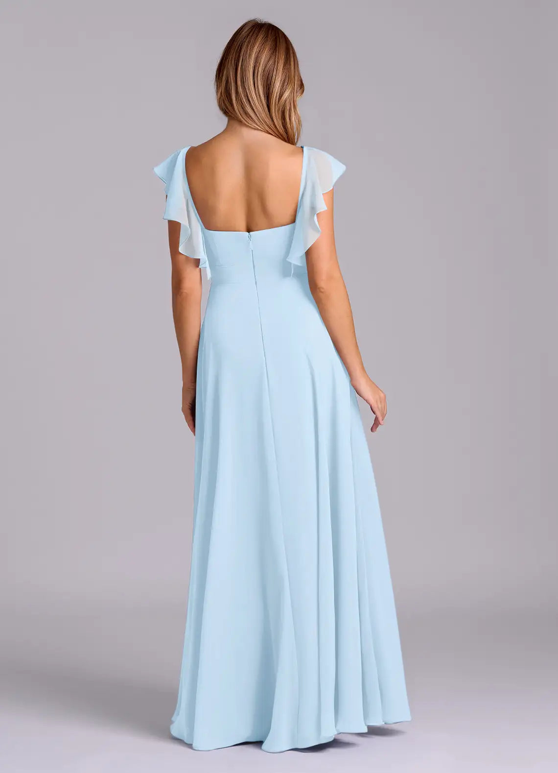 Elegant A-Line Chiffon V Neck Ruffle Sleeve Open Back Floor Length Bridesmaid Dress