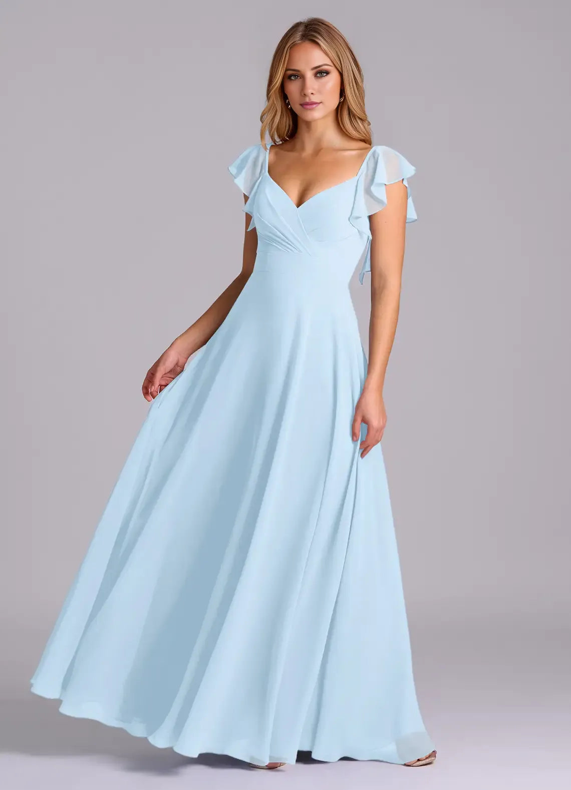 Elegant A-Line Chiffon V Neck Ruffle Sleeve Open Back Floor Length Bridesmaid Dress