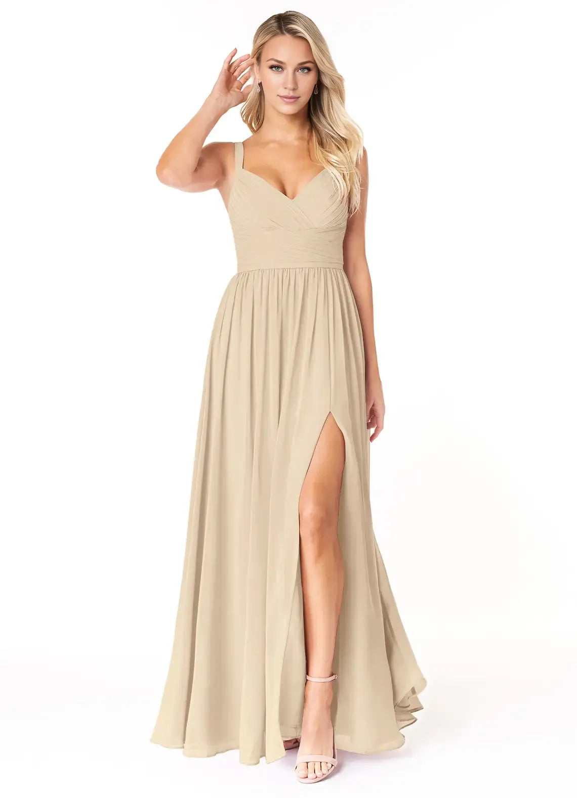 Elegant A-Line Chiffon V Neck Spaghetti Strap Square Back Floor Length Bridesmaid Dress