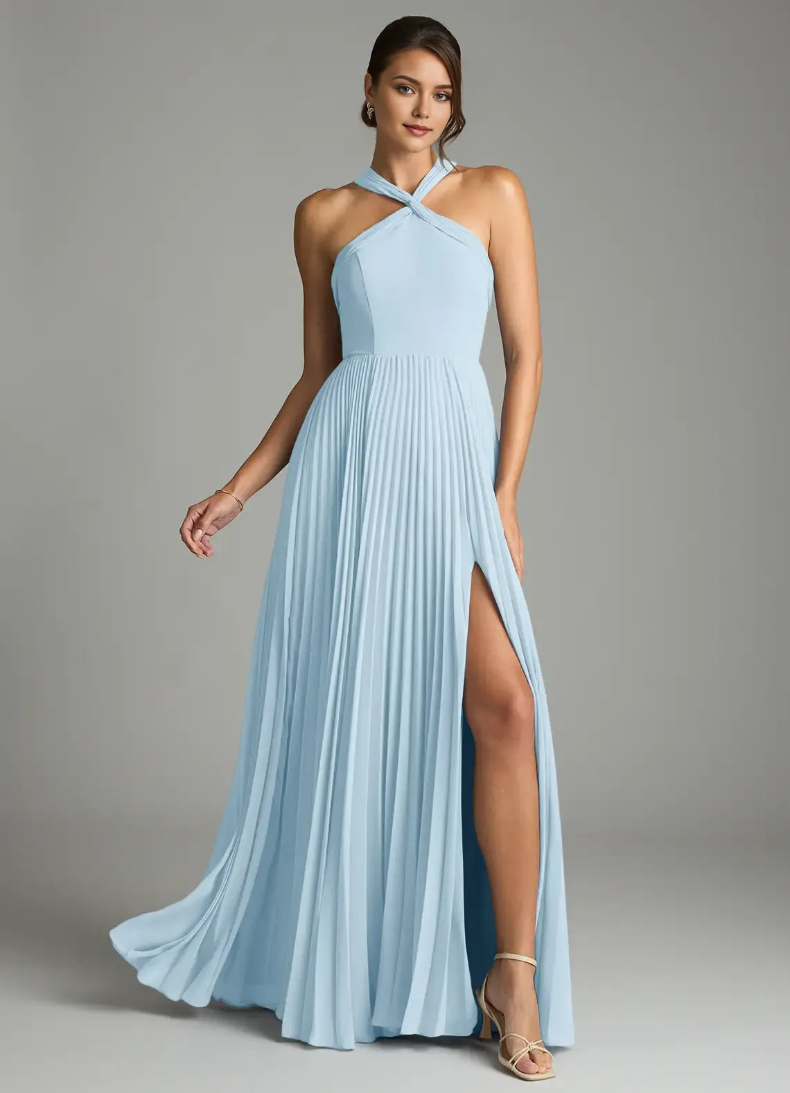 Elegant A-Line Cross Halter Neck Sleeveless Cut Out Back Floor Length Bridesmaid Dress