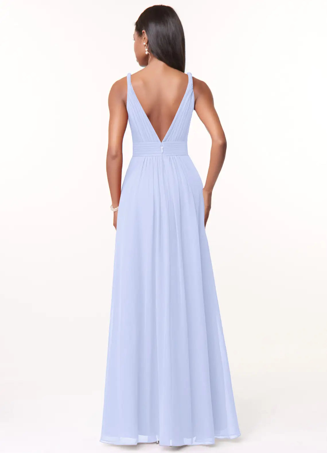 Elegant A-Line Deep V Neck Sleeveless Plunging Back Floor Length Bridesmaid Dress