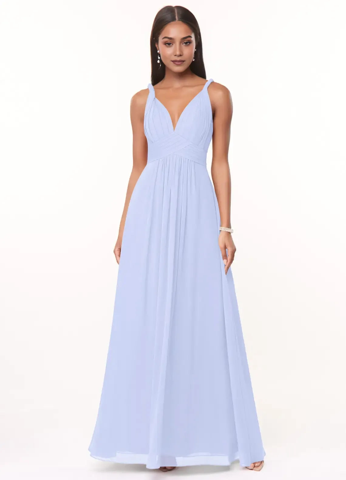 Elegant A-Line Deep V Neck Sleeveless Plunging Back Floor Length Bridesmaid Dress