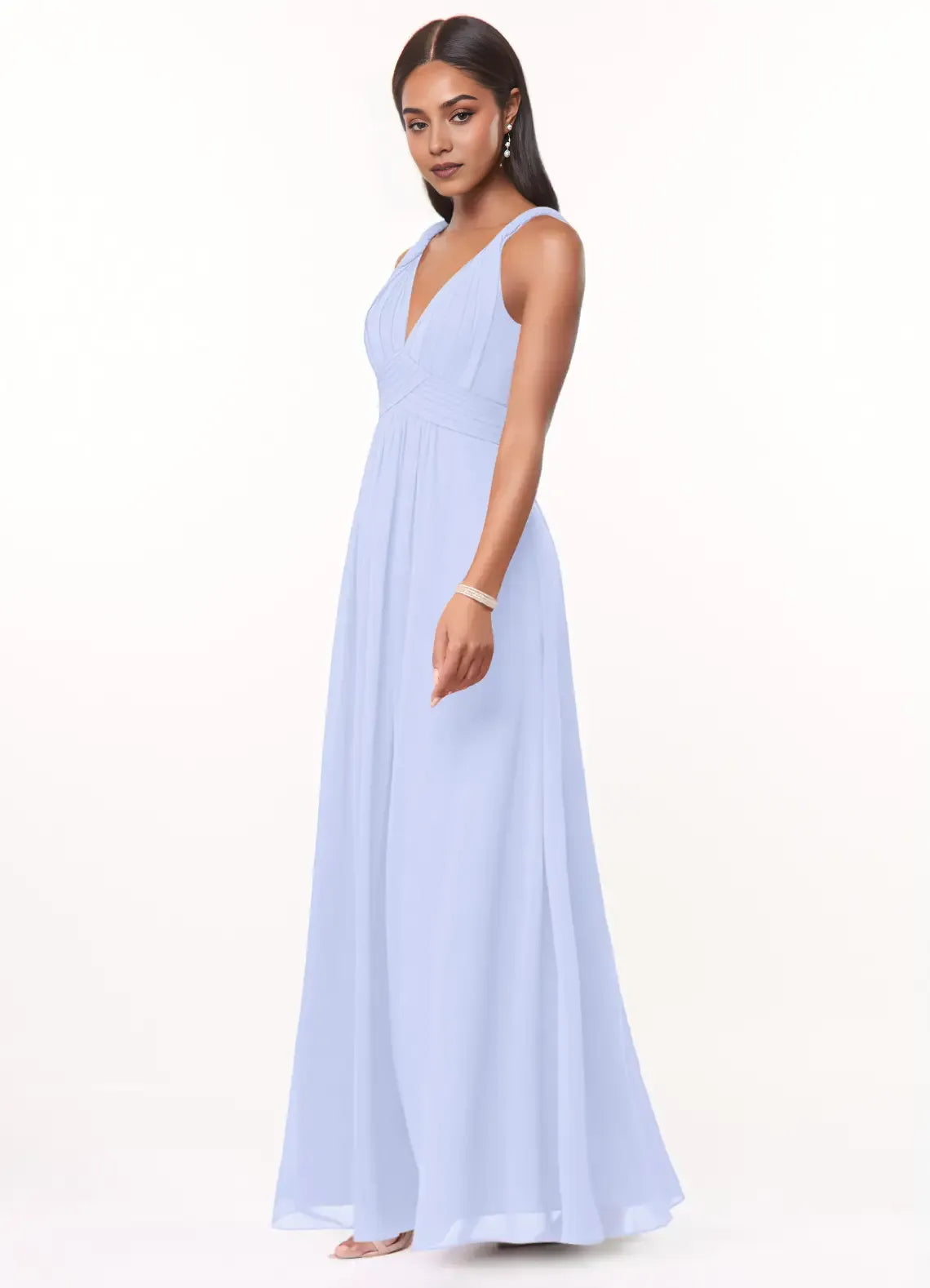 Elegant A-Line Deep V Neck Sleeveless Plunging Back Floor Length Bridesmaid Dress