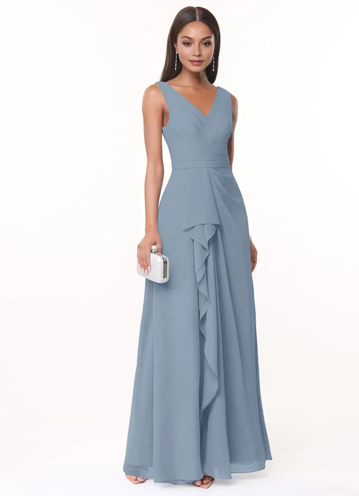 Elegant A-Line Deep V Neck Sleeveless Plunging Back Floor Length Bridesmaid Dresses