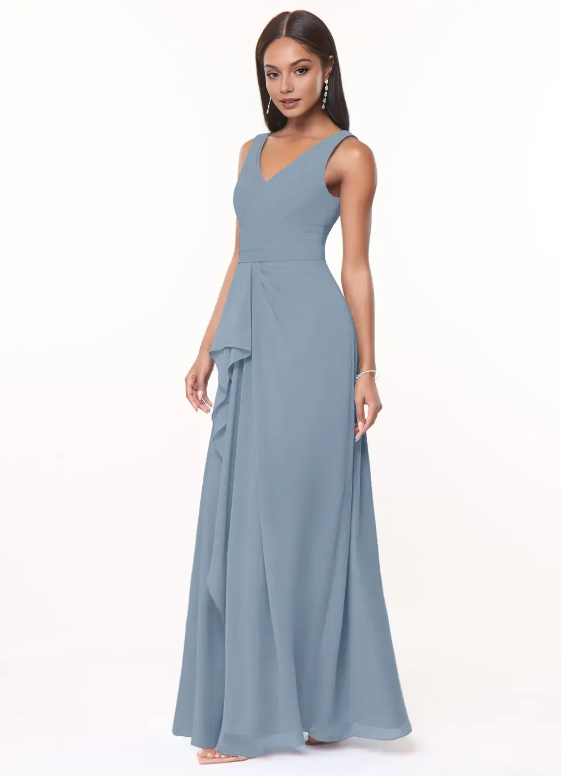 Elegant A-Line Deep V Neck Sleeveless Plunging Back Floor Length Bridesmaid Dresses
