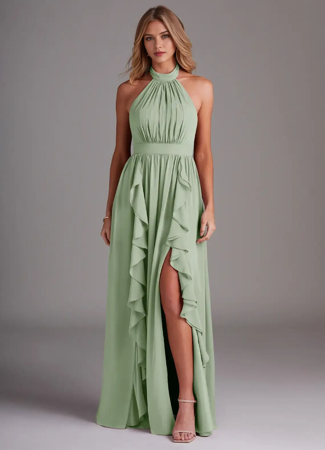 Elegant A-Line Halter Neck Sleeveless Tie Back Floor Length Bridesmaid Dress