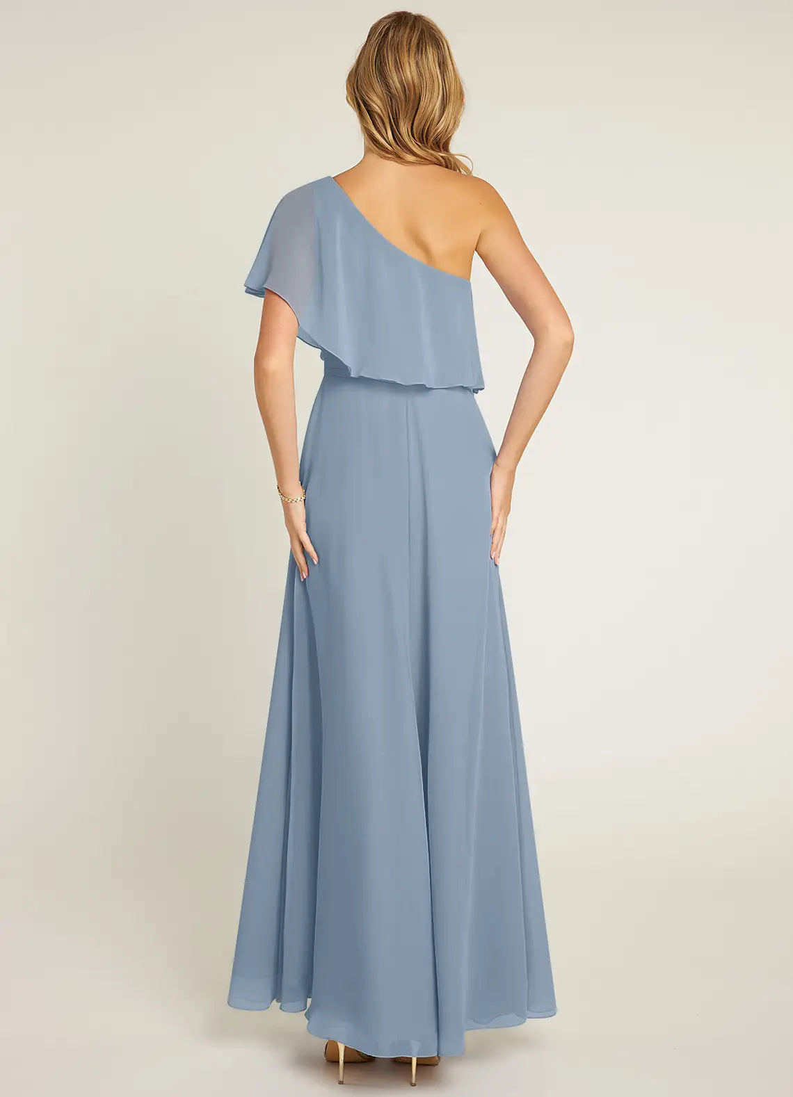 Elegant A-Line One  Shoulder Ruffle Sleeve Open Back Floor Length Bridesmaid Dresses