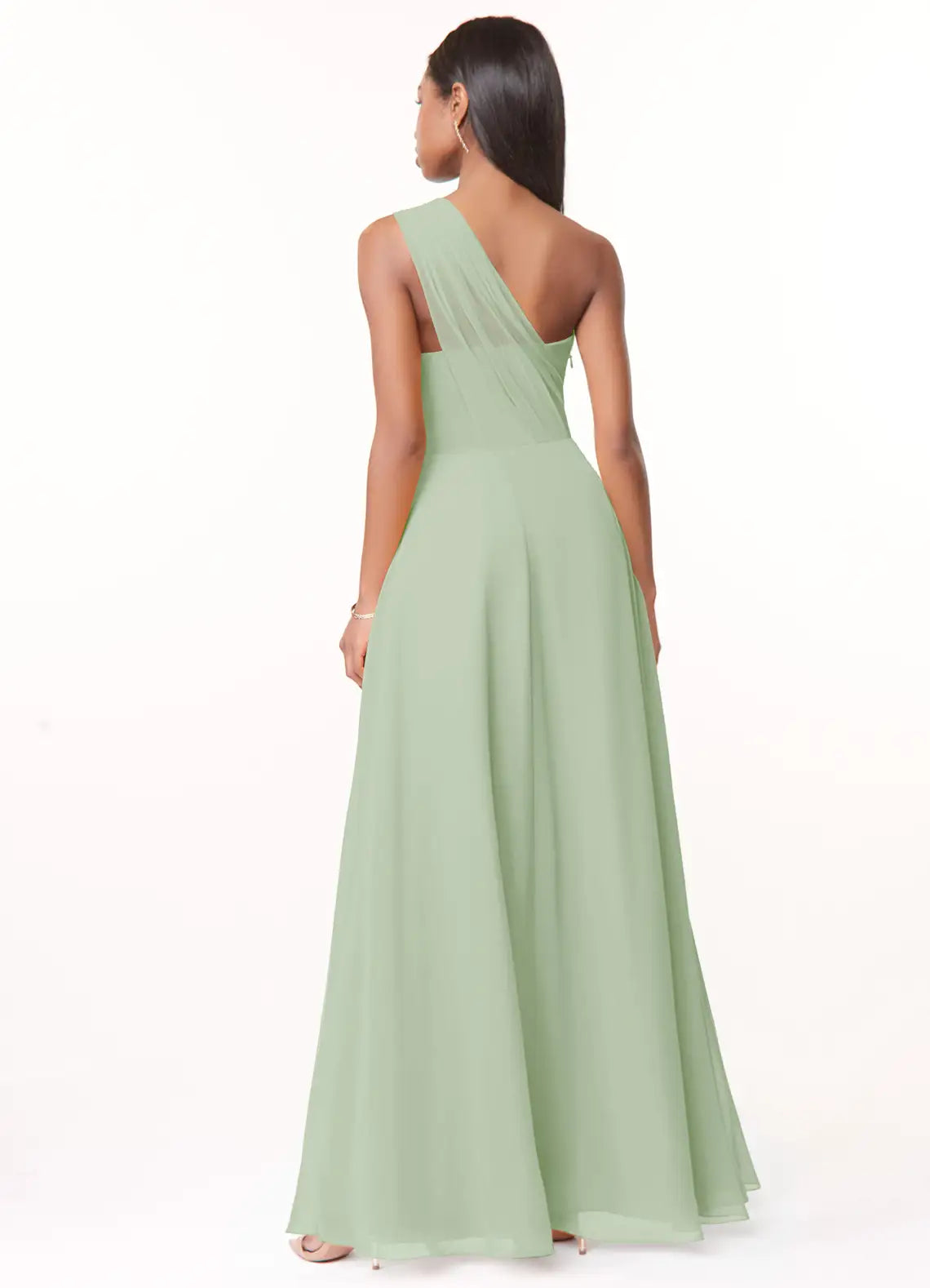 Elegant A-Line One Shoulder Sleeveless Draped Back Floor Length Bridesmaid Dress