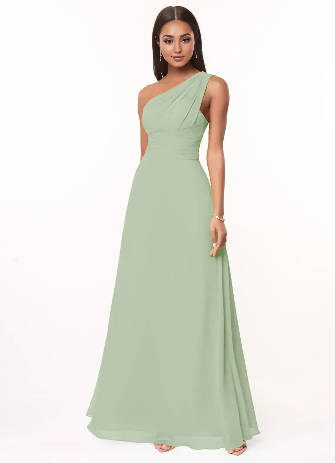 Elegant A-Line One Shoulder Sleeveless Draped Back Floor Length Bridesmaid Dress