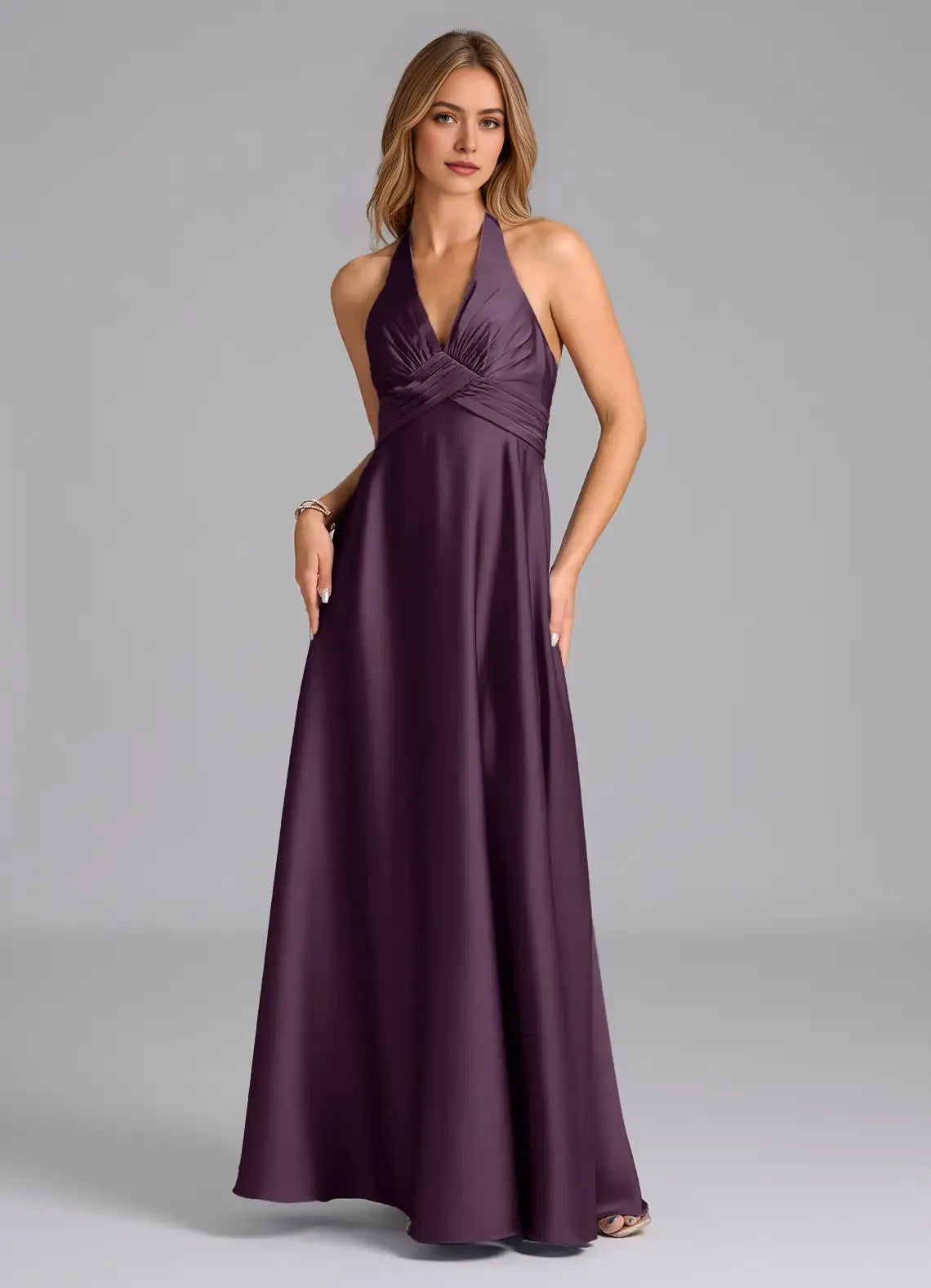 Elegant A-Line Satin Halter Neck Sleeveless Open Back Floor Length Bridesmaid Dress