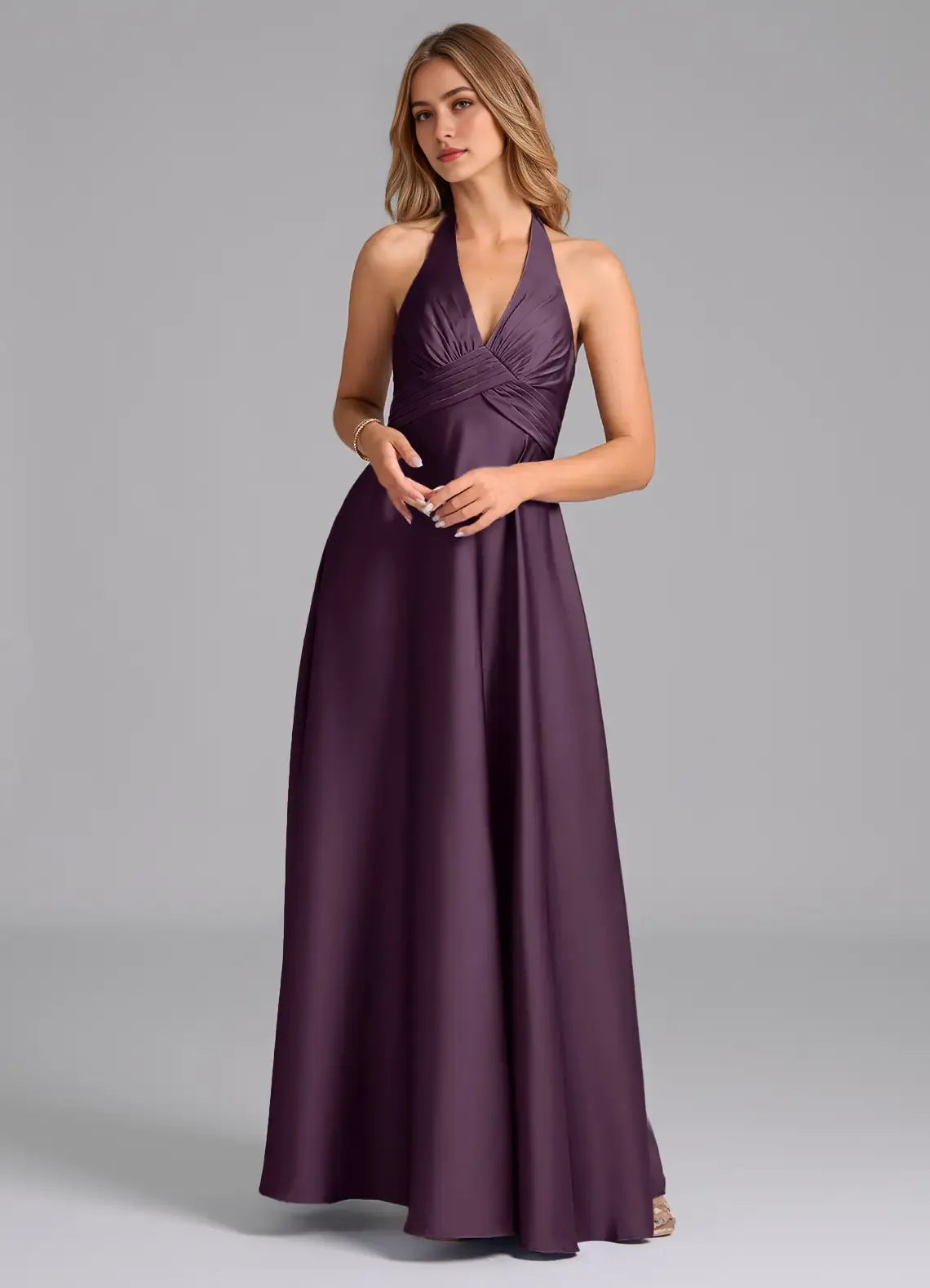Elegant A-Line Satin Halter Neck Sleeveless Open Back Floor Length Bridesmaid Dress