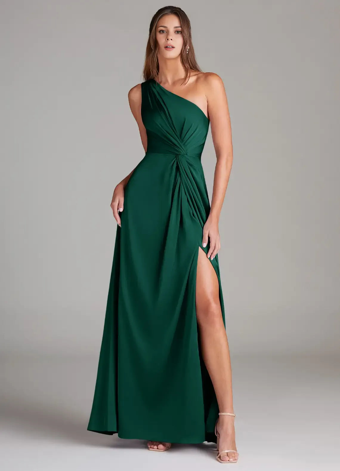 Elegant A-Line Satin One Shoulder Sleeveless Zipper Back Floor Length Bridesmaid Dress