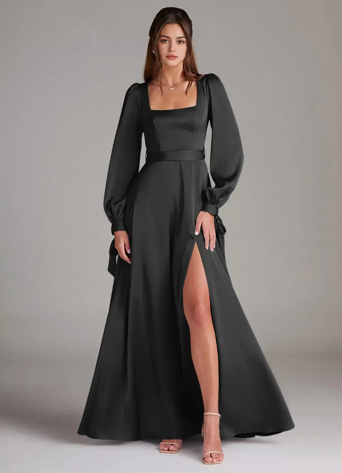 Elegant A-Line Satin Square Neck Puff Sleeve Bow Back Floor Length Bridesmaid Dress